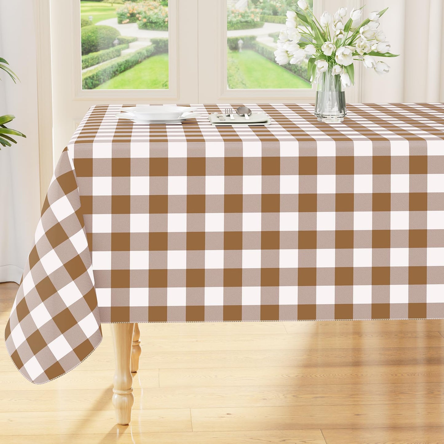 Smiry Picnic Table Cloth, Vinyl Tablecloths with Flannel Backing, 60"x84" | Waterproof Rectangle Table Cloth, Wipeable Buffalo Plaid Table Cover for Indoor and Outdoor (Khaki & White)