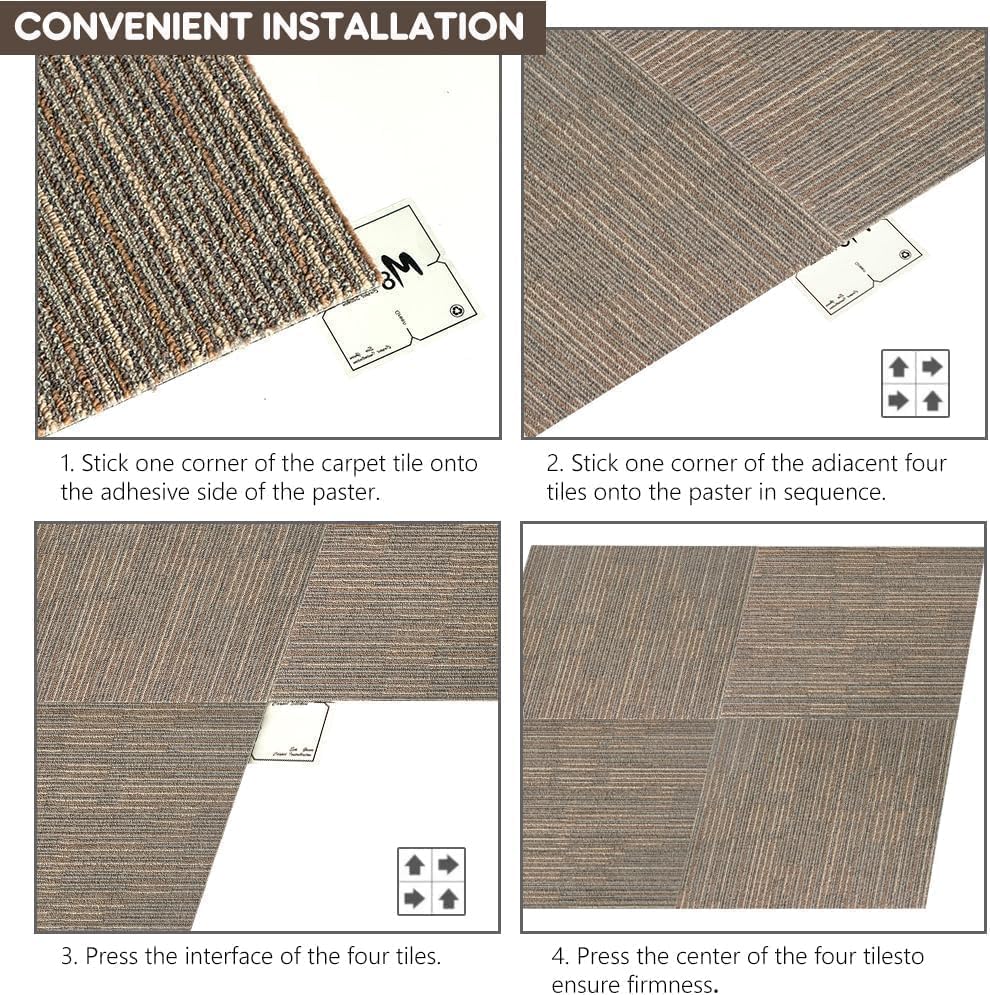 Carpet Tiles 24" x 24", 18 Tiles 72 Sqft, Non Slip Floor Carpet Squares w/Flexlok Tabs, DIY Installation, Commercial Removable Soft Rug for Bedroom Office Living Room and Basement, Beige