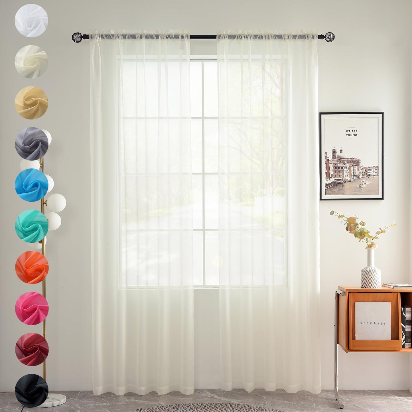 youleyar Solid Sheer Rod Pocket Curtain Voile Draperies 2 Panels White Beige Black Grey Coffee 52 Inch Width 84 Inch Long 1 Pair for Kitchen Bedroom Children Living Room Yard (Ivory,52W ｘ 84L)