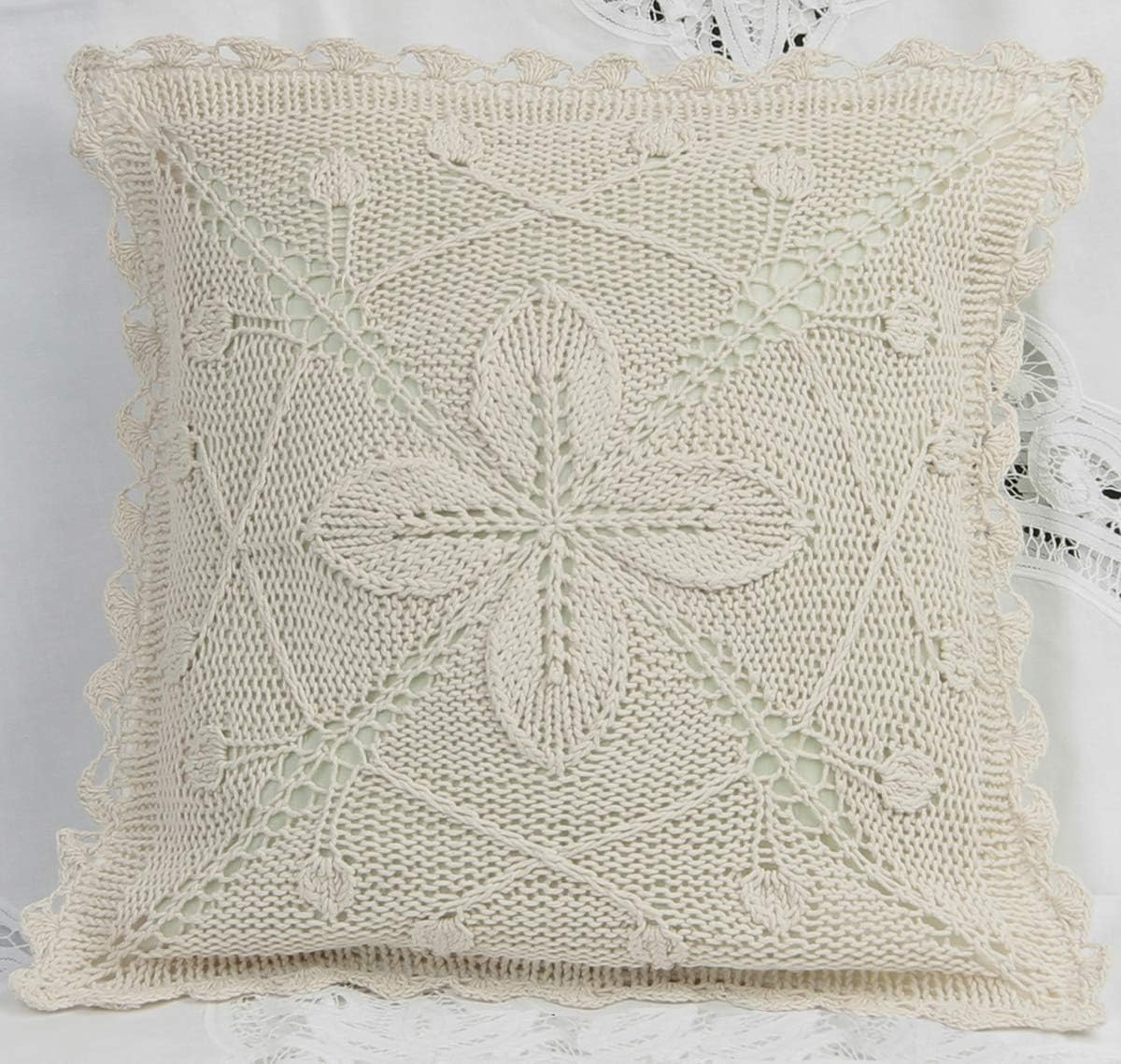 Creative Linens Cotton Crochet Throw Pillow Cushion Cover 16x16 Ecru Beige, for Couch Sofa Bed, Home Decoration, #1091