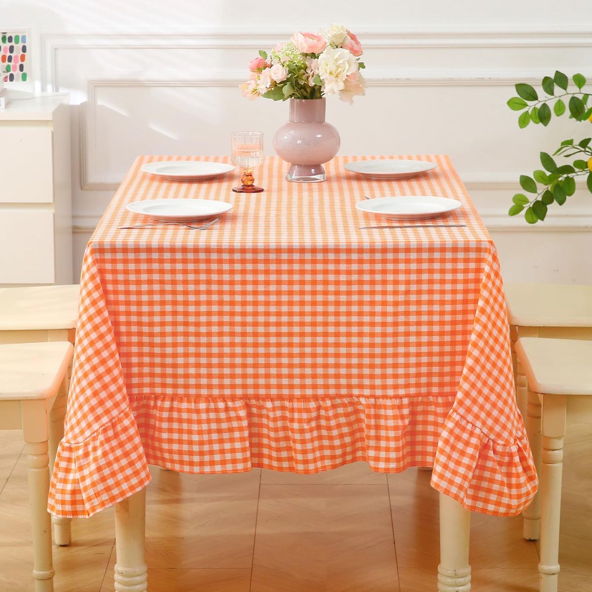 Blush White Gingham Ruffled Table Cloth Rectangular 120“x60” | 100% Washed Cotton, for Seat 8-10, Buffet Picnic Baby Shower Party Tablecloth, Decorative Checker Plaid Farmhouse Table Cover