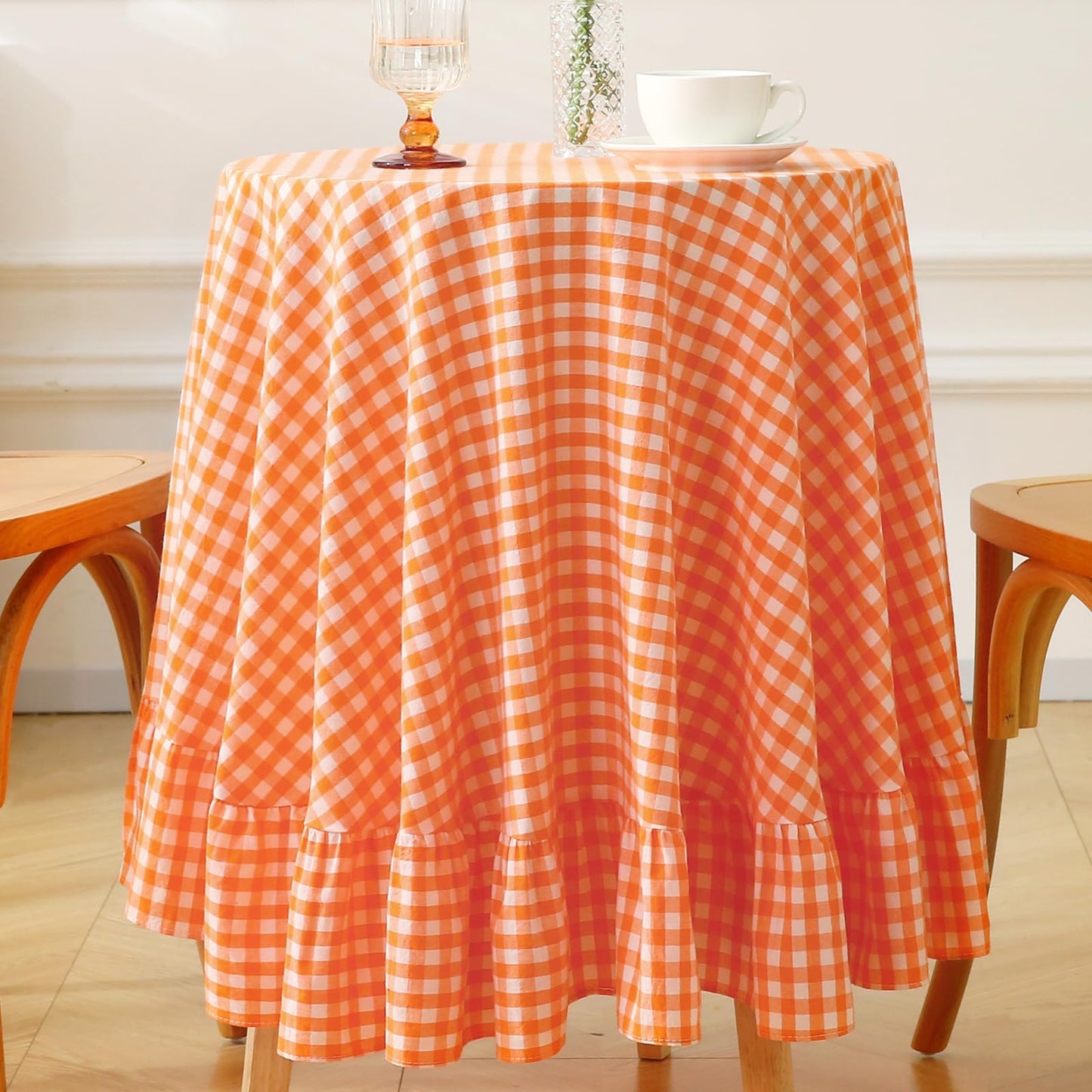 Blush White Gingham Ruffled Table Cloth Rectangular 120“x60” | 100% Washed Cotton, for Seat 8-10, Buffet Picnic Baby Shower Party Tablecloth, Decorative Checker Plaid Farmhouse Table Cover