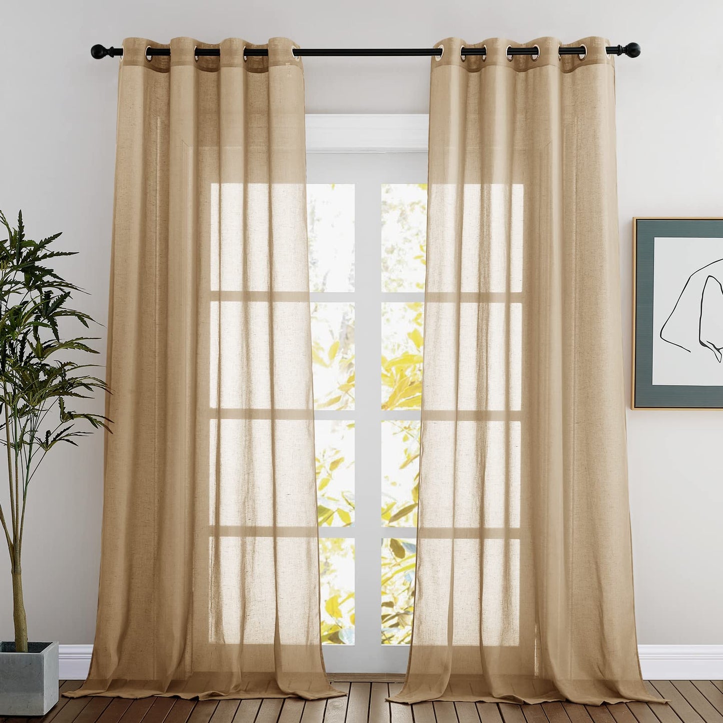 NICETOWN White Sheer Linen Curtains for Living Room 84 inch Length 2 Panels Set, Grommet Semi Sheer Privacy with Light Filtering Flax Window Treatments for Bedroom, W52 x L84