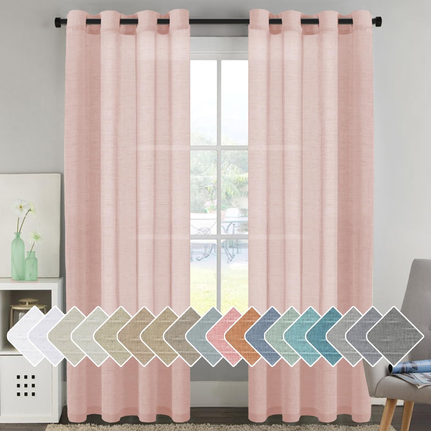 H.VERSAILTEX Natural Linen Sheer Curtains Flax Linen Blended Curtain Panels Living Room, Nickel Grommet Semitransparent Semi-Sheer Soft Privacy Drapes, Natural, 84 inches Long 2 Panels