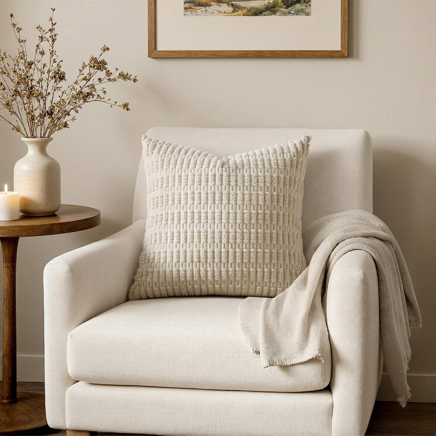 MIULEE Corduroy Decorative Throw Pillow Covers 18x18 Cream White Pack of 2 | Soft Boho Striped Pillow Covers Modern Farmhouse Home Decor For Sofa Living Room Couch Bed