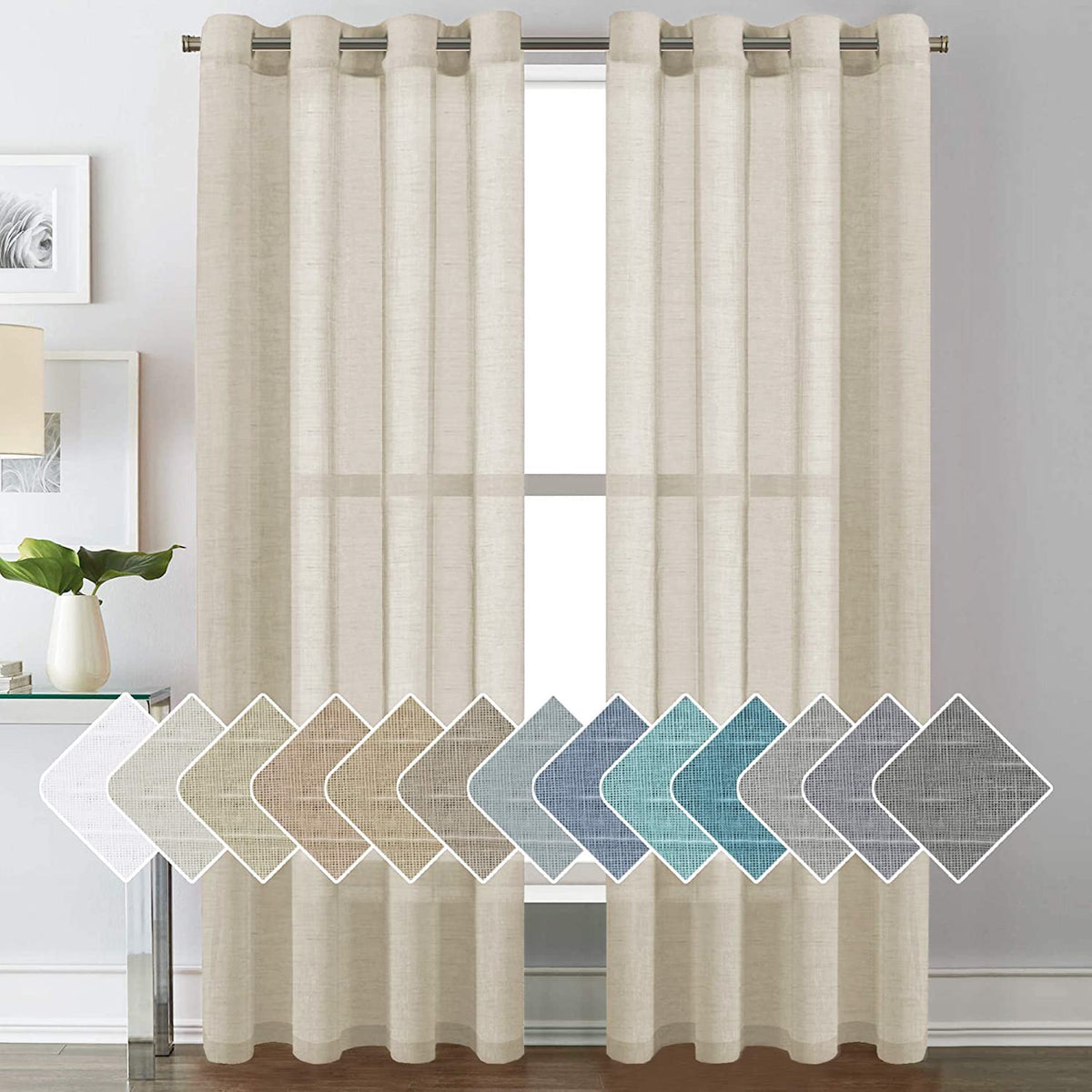 H.VERSAILTEX Natural Linen Sheer Curtains Flax Linen Blended Curtain Panels Living Room, Nickel Grommet Semitransparent Semi-Sheer Soft Privacy Drapes, Natural, 84 inches Long 2 Panels
