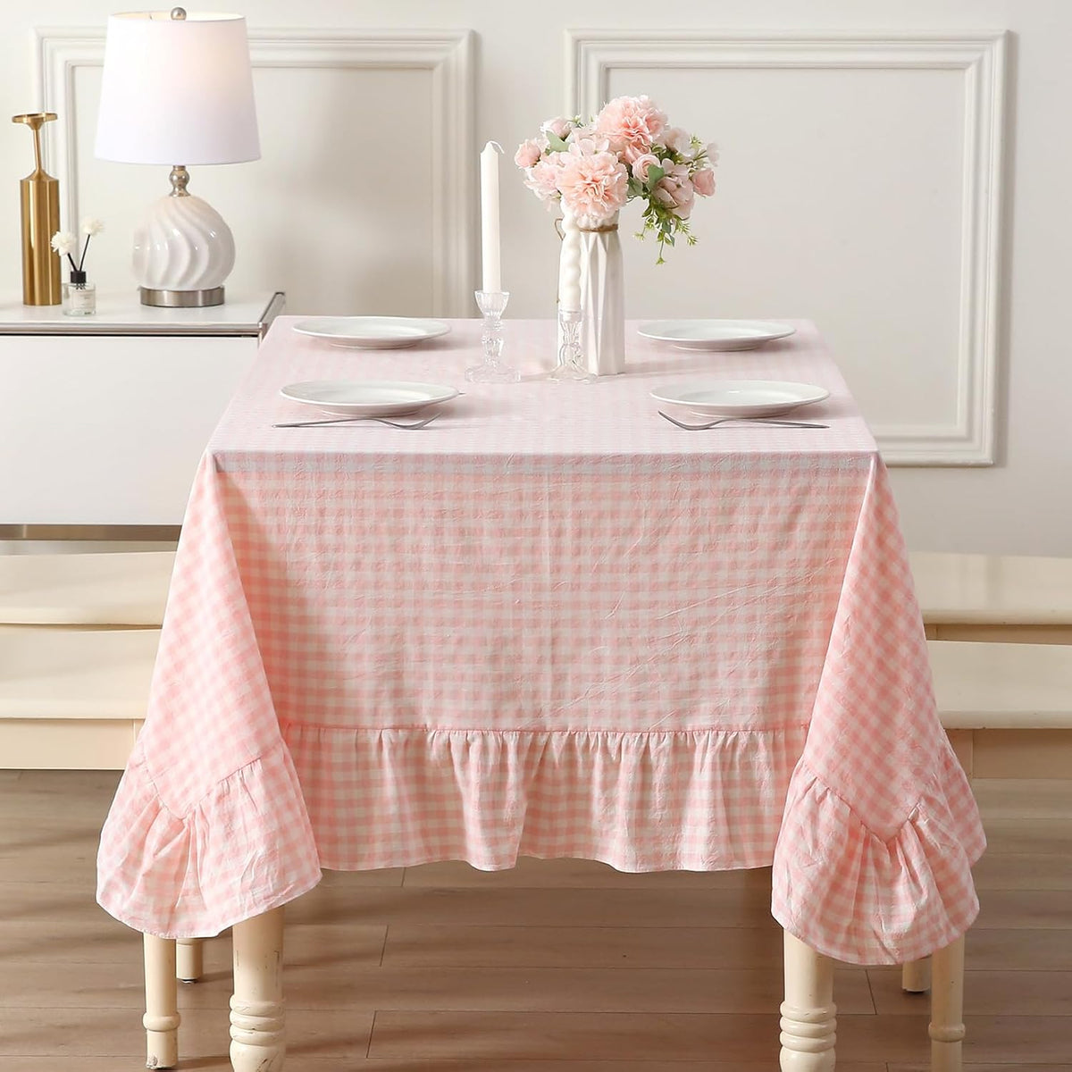 Blush White Gingham Ruffled Table Cloth Rectangular 120“x60” | 100% Washed Cotton, for Seat 8-10, Buffet Picnic Baby Shower Party Tablecloth, Decorative Checker Plaid Farmhouse Table Cover