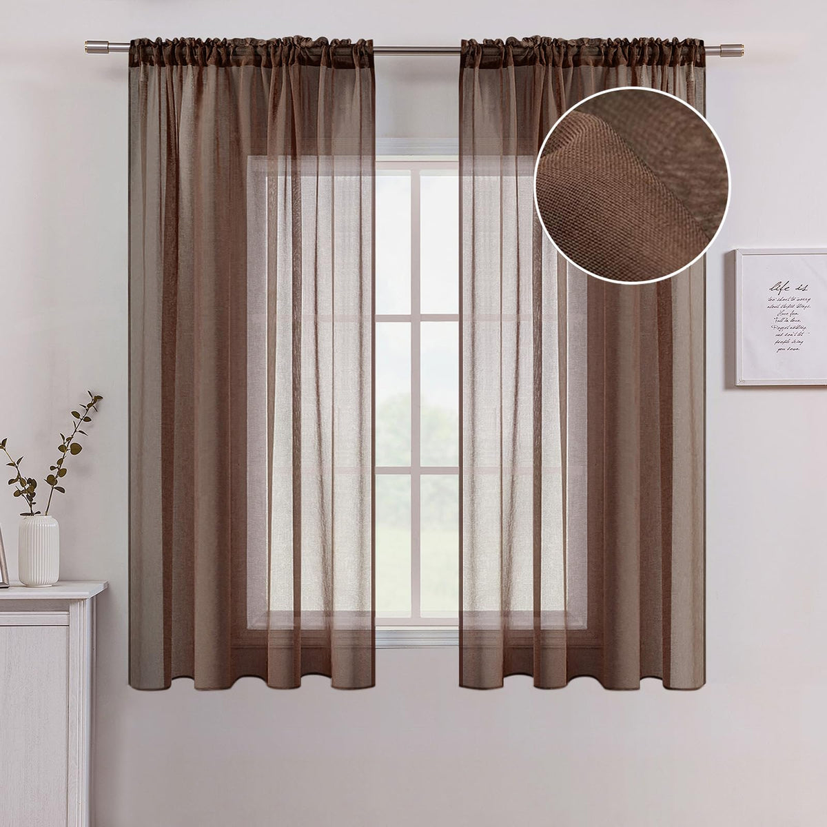 MIULEE Semi White Linen Textured Sheer Curtains 42W×84L Rod Pocket 2 Panels | Semi Transparent, Farmhouse, Window Net Panels with Rod Pocket for Bedroom Living Room