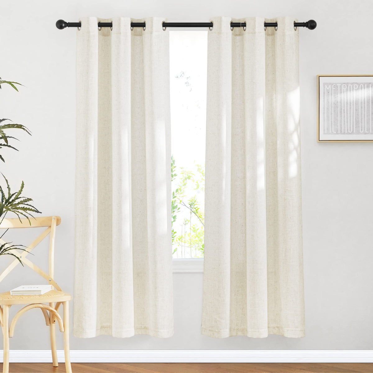 NICETOWN White Sheer Linen Curtains for Living Room 84 inch Length 2 Panels Set, Grommet Semi Sheer Privacy with Light Filtering Flax Window Treatments for Bedroom, W52 x L84