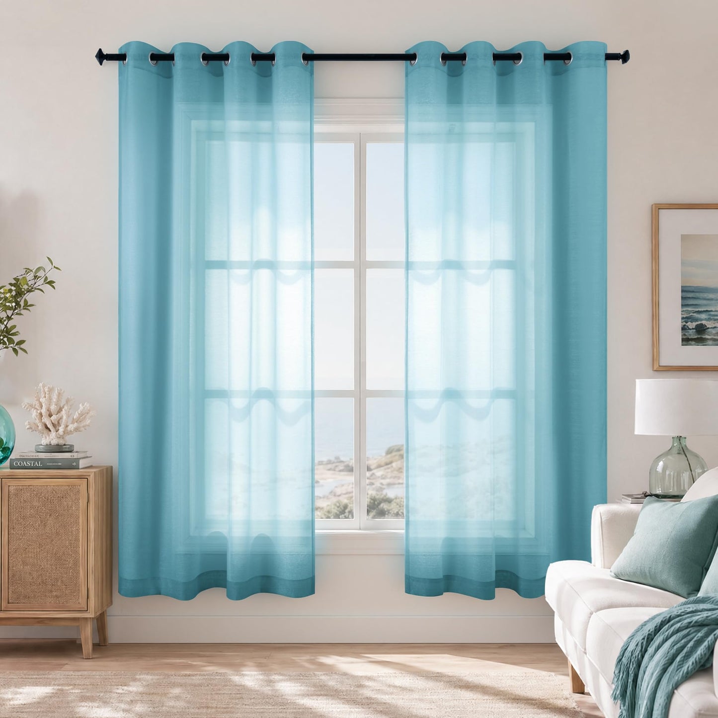 White Sheer Curtains 84 Inches Long Set 2 Panels Grommet Pair Faux Linen Semi Transparent Drape Tulle Gauze Voile Window Sheer Curtains for Bedroom Living Room Dining Wide 52 Length Solid Pack