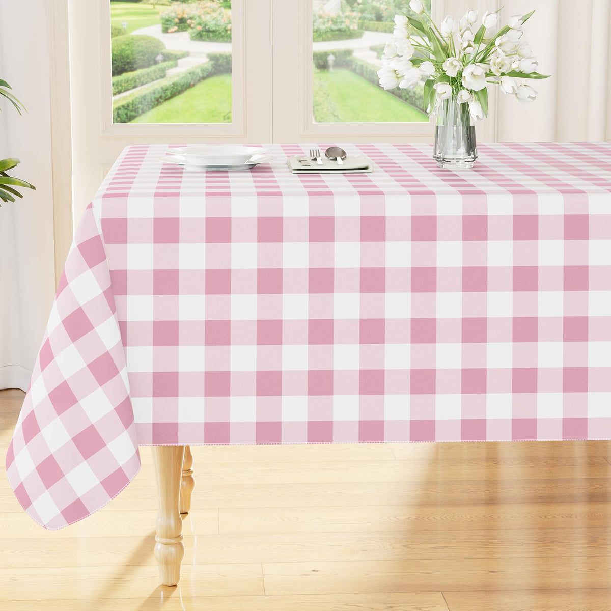 Smiry Picnic Table Cloth, Vinyl Tablecloths with Flannel Backing, 60"x84" | Waterproof Rectangle Table Cloth, Wipeable Buffalo Plaid Table Cover for Indoor and Outdoor (Khaki & White)