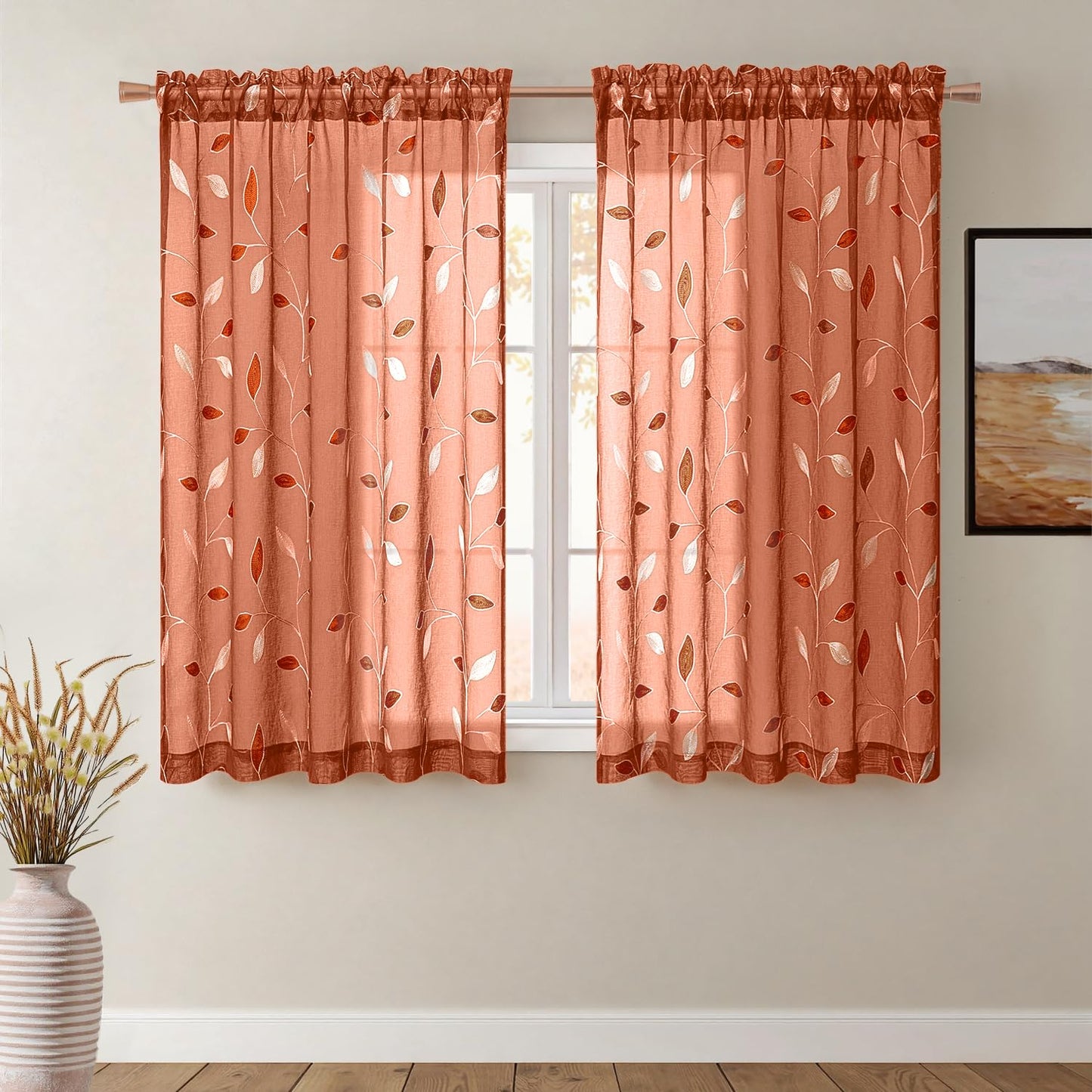 MIULEE Sage Green Sheer Curtains 2 Panels Leaf Patterned, W52 x L84 | Embroidered Floral Semi Sheer,Rod Pocket,Faux Linen,Short Window Curtains Drapes Set for Kitchen/Bathroom/Cafe