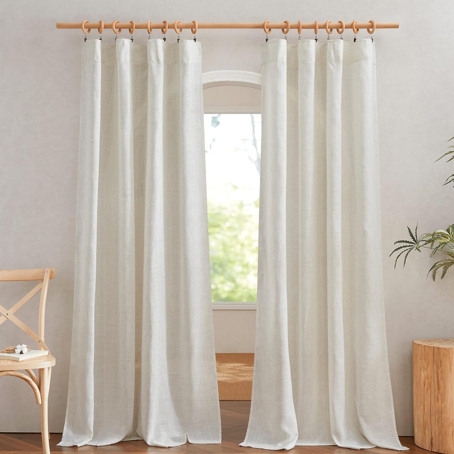 NICETOWN Flax Linen Curtains 84 inch Long, Rod Pocket & Back Tab Semi Sheer Vertical Drapes Privacy Added with Light Filtering for Bedroom/Living Room, Burlap, W52 x L84, 2 Pieces