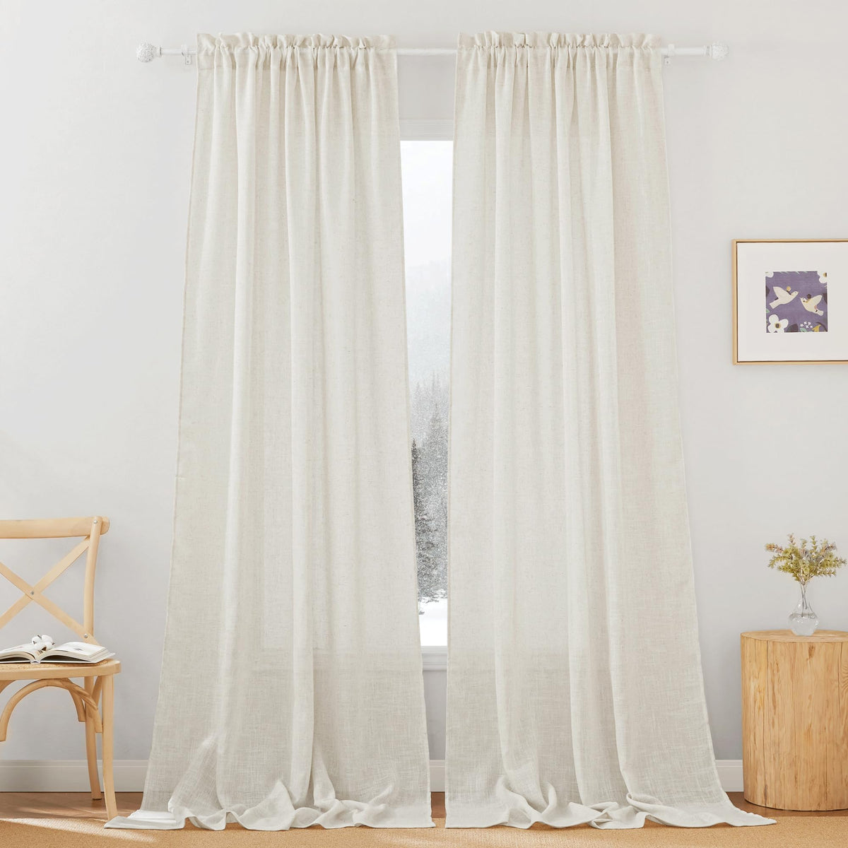 RYB HOME White Semi Sheer Curtains 84 inches Long for Living Room | Half Privacy, Linen Textured, Sheer Light Filtering, Vertical Window Drapes, for Bedroom Dining, White, W52 x L84, 2 Panels