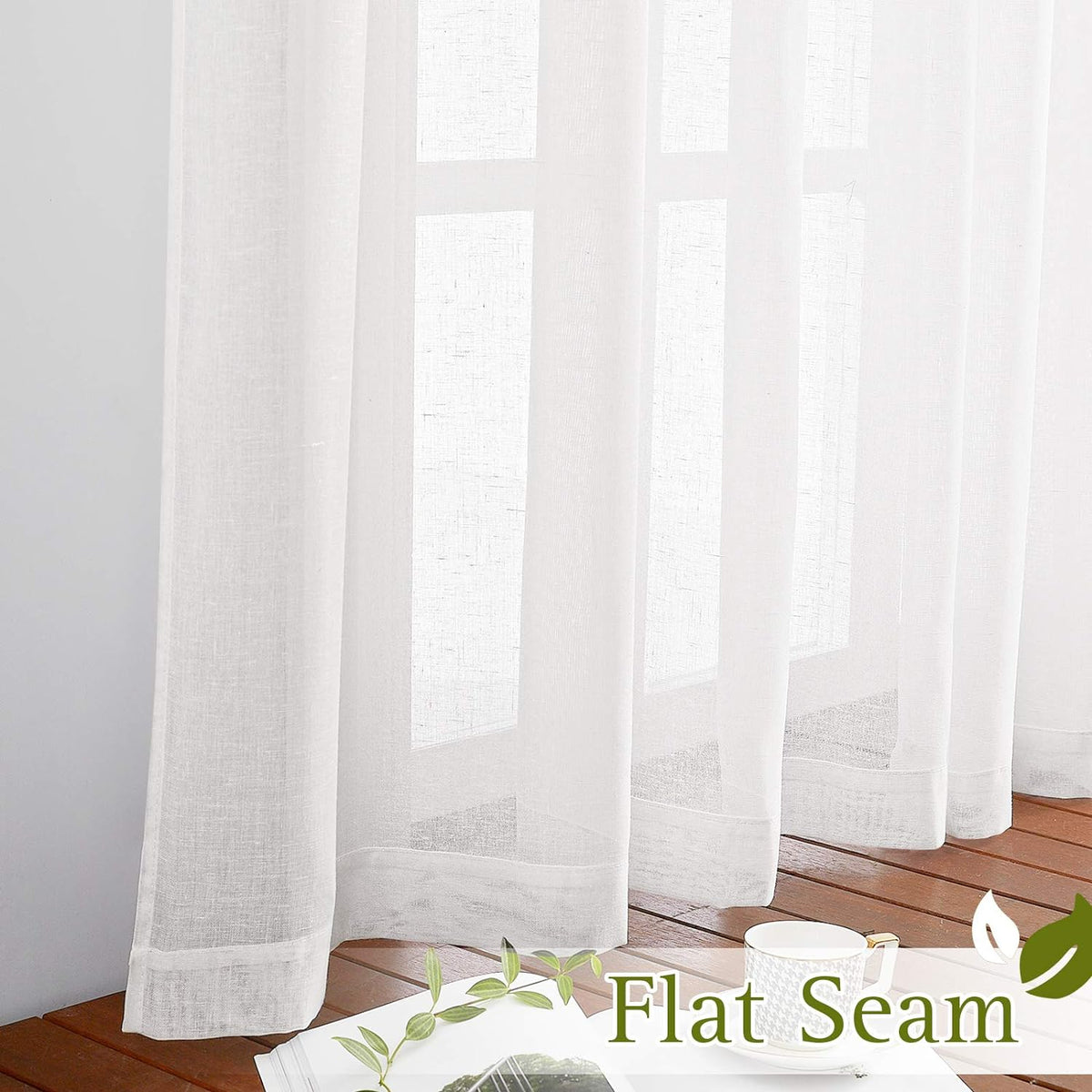 NICETOWN White Sheer Linen Curtains for Living Room 84 inch Length 2 Panels Set, Grommet Semi Sheer Privacy with Light Filtering Flax Window Treatments for Bedroom, W52 x L84