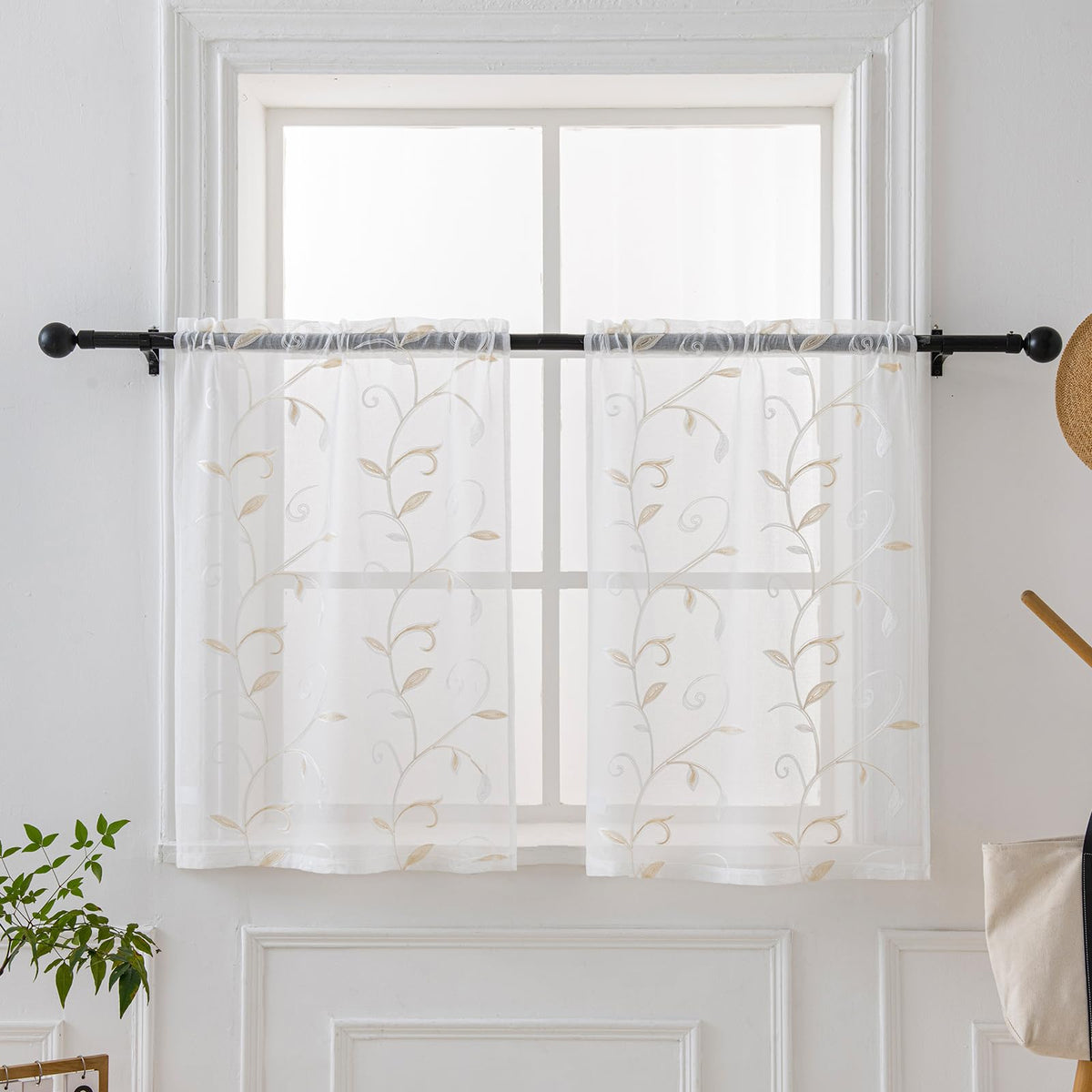 Sheer Curtains Boho Leaf Floral Embroidered Cream Beige 54Wx84L | Light Filtering Semi Sheer Voile Curtains With Design, Rod Pocket Window Drapes for Bedroom Living Room 2 Panels
