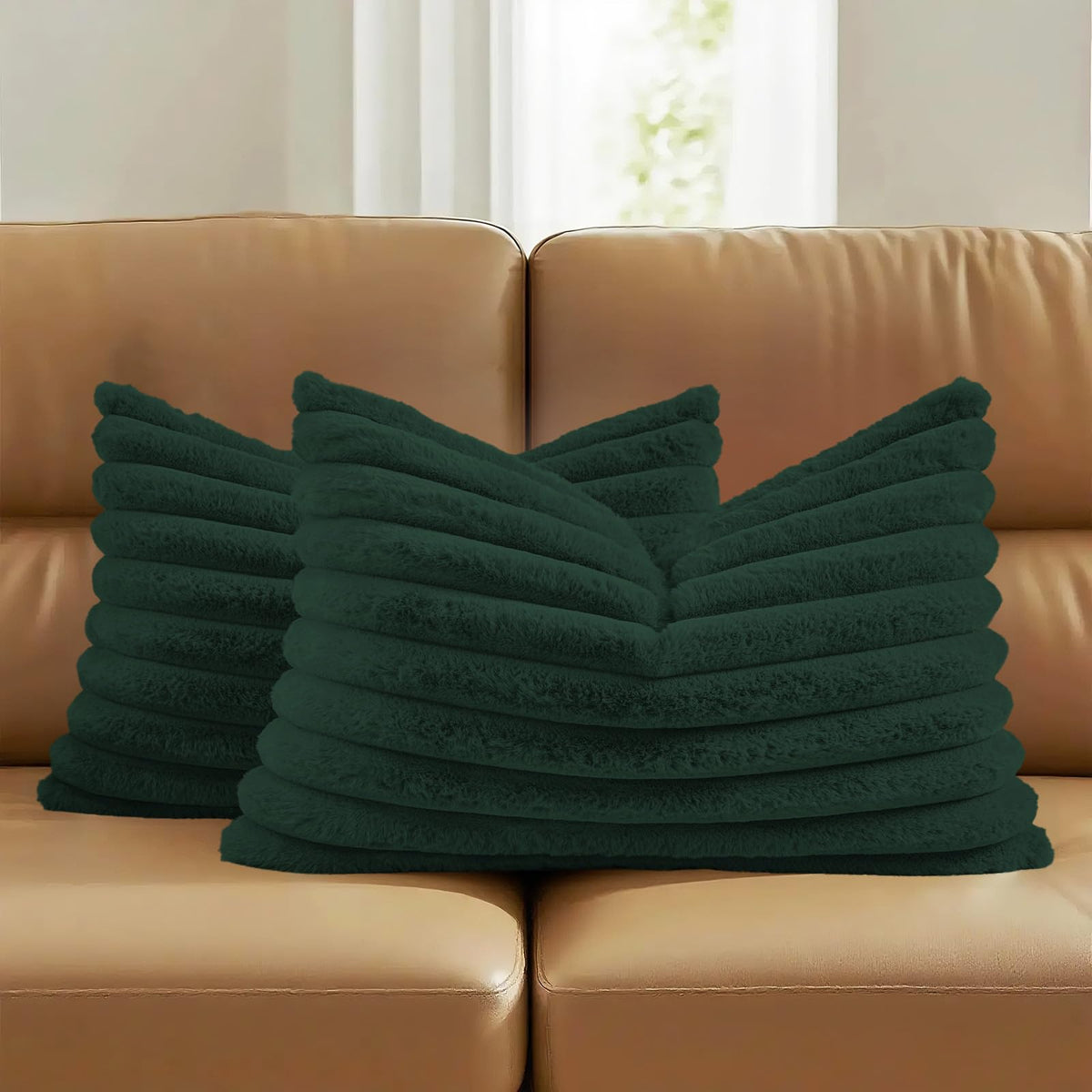 FUTEI Pack of 2 Faux Fur Throw Pillow Covers 18x18 Inch, Cream White | Fluffy Faux Rabbit Fur Front/Premium Velvet Back,Hidden Zipper,Machine Washable,Non-Shedding,Colorfast,Insert Not Included.