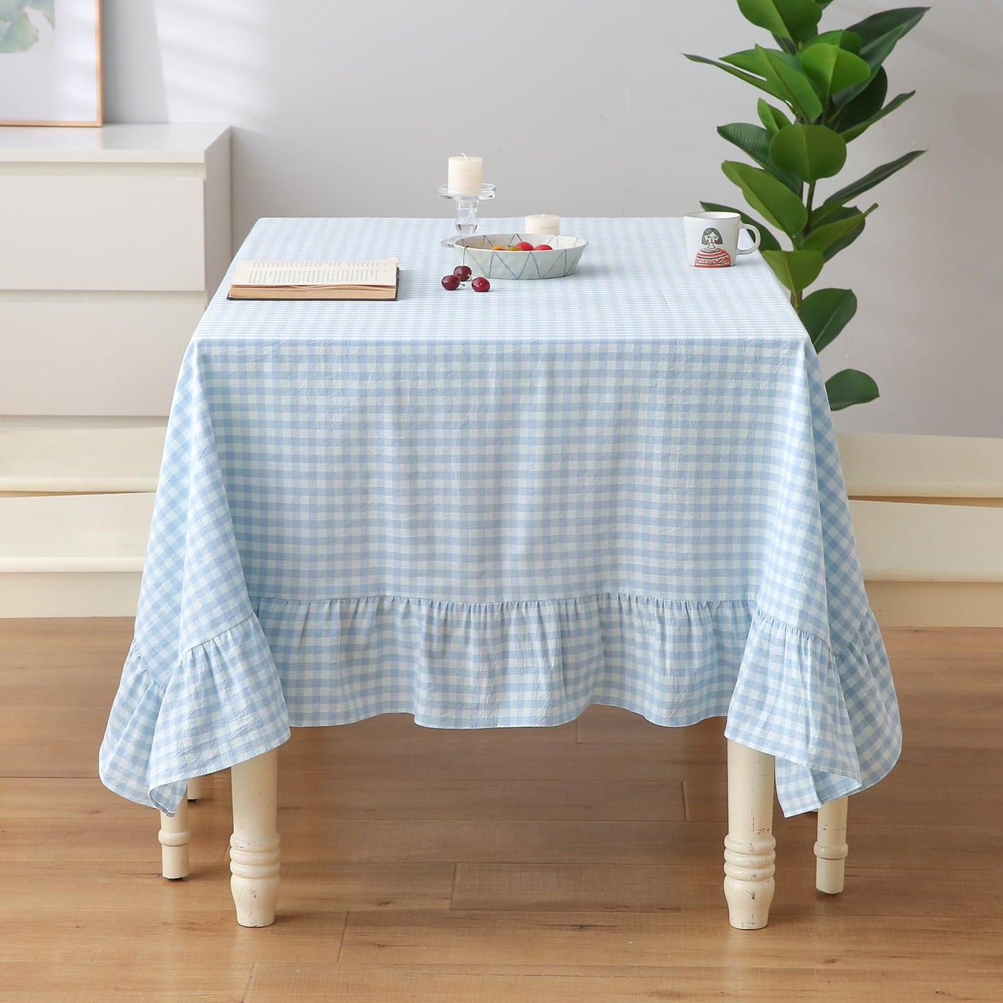 Blush White Gingham Ruffled Table Cloth Rectangular 120“x60” | 100% Washed Cotton, for Seat 8-10, Buffet Picnic Baby Shower Party Tablecloth, Decorative Checker Plaid Farmhouse Table Cover