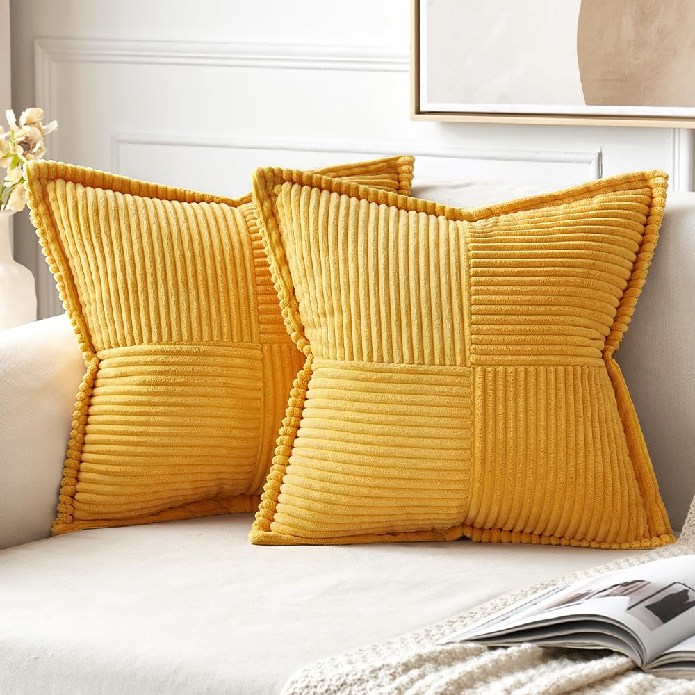 MIULEE Decorative Throw Pillow Covers for Couch 18x18 Inch Beige 2 Pack | Boho Broadside Striped Patchwork Pillow Covers, Soft Corduroy Cushion Cases, For Sofa Bed Livingroom Home Decor