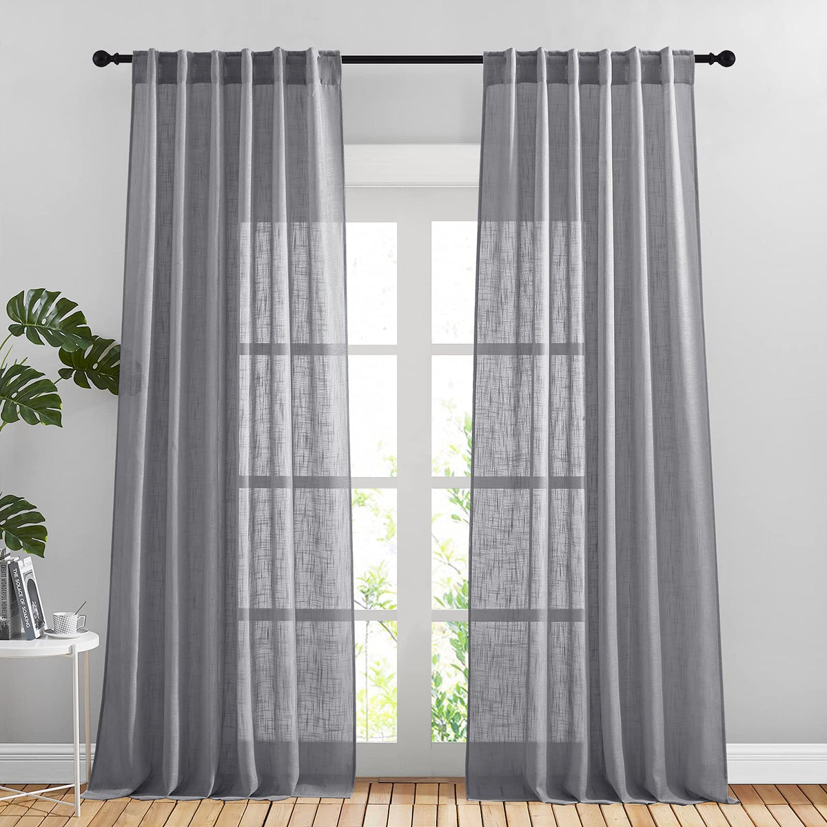 NICETOWN Flax Linen Curtains 84 inch Long, Rod Pocket & Back Tab Semi Sheer Vertical Drapes Privacy Added with Light Filtering for Bedroom/Living Room, Burlap, W52 x L84, 2 Pieces