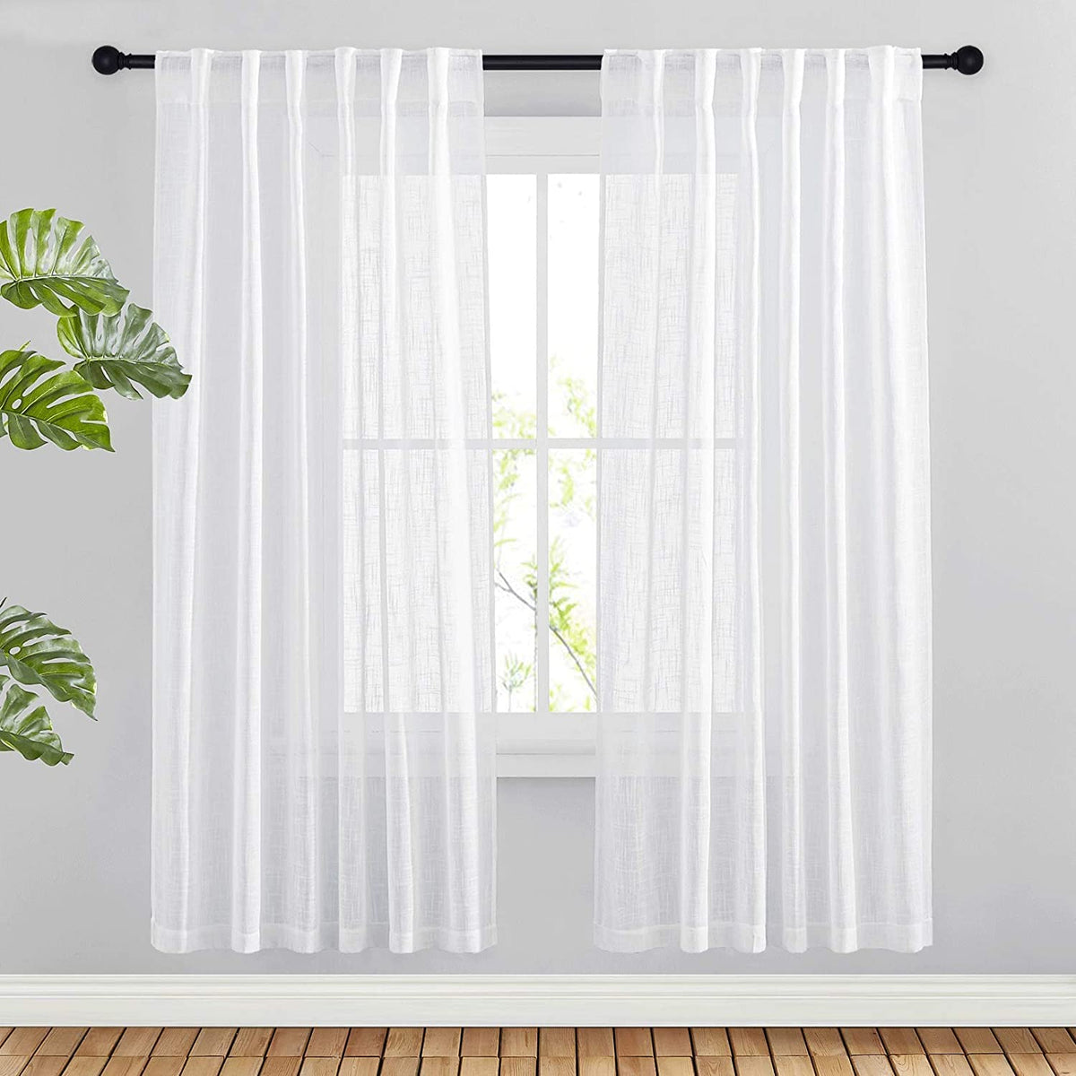 NICETOWN Flax Linen Curtains 84 inch Long, Rod Pocket & Back Tab Semi Sheer Vertical Drapes Privacy Added with Light Filtering for Bedroom/Living Room, Burlap, W52 x L84, 2 Pieces
