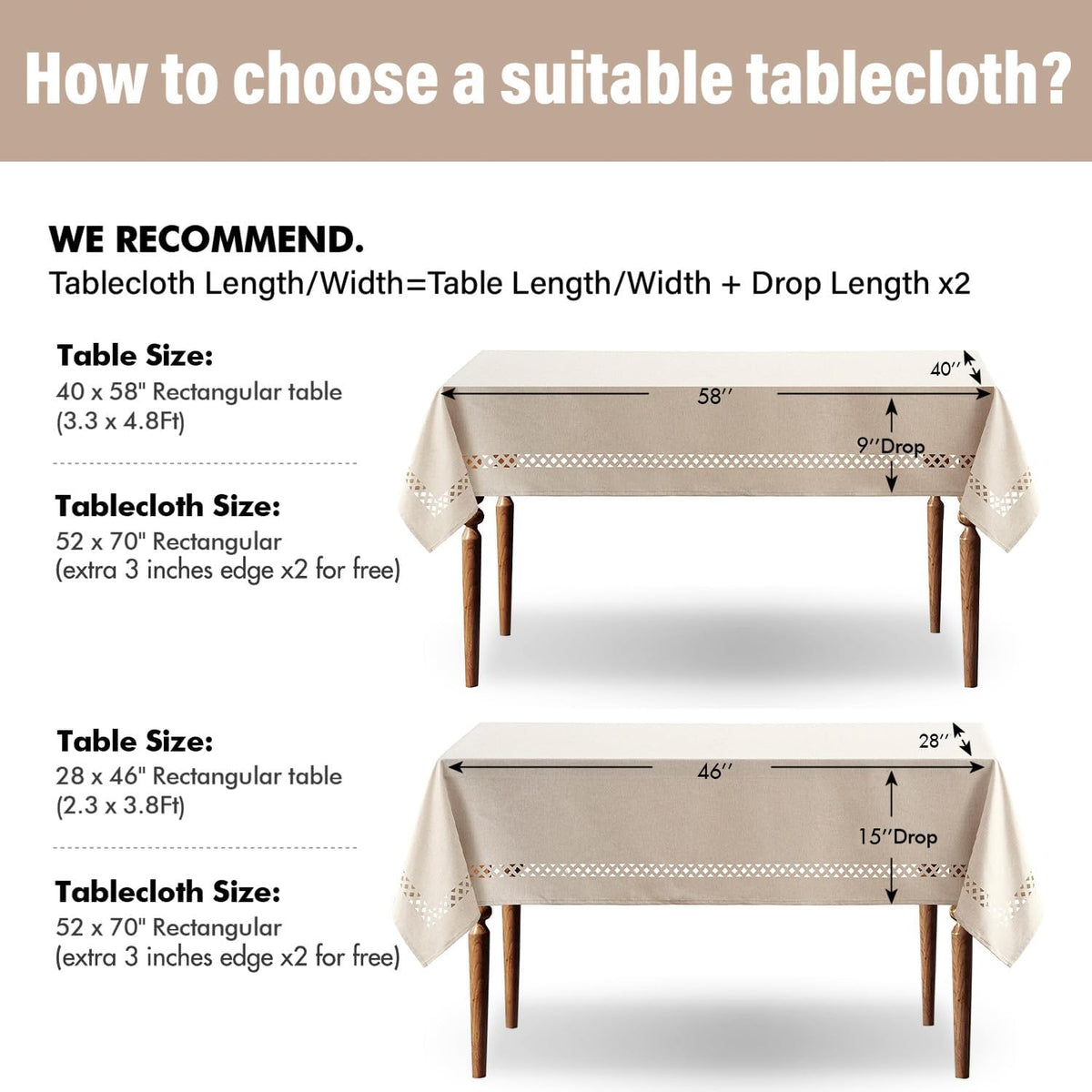 MIULEE Beige Rectangle Tablecloth with Decorative Cutouts 52x70 Inch | Waterproof Stain Resistant & Shrink-Proof Table Cloth, Farmhouse Style, for Dining Wedding Kitchen Party Outdoor