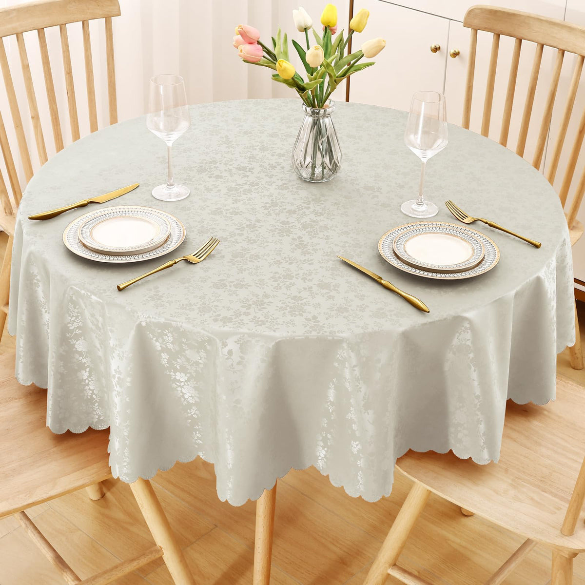 Smiry Rectangle Waterproof Heavy Duty Vinyl Tablecloths, 60 x 84 Inch | Wipeable Washable Floral Embossed Table Cover for Kitchen and Dining Room, Indoor & Outdoor Use, Beige