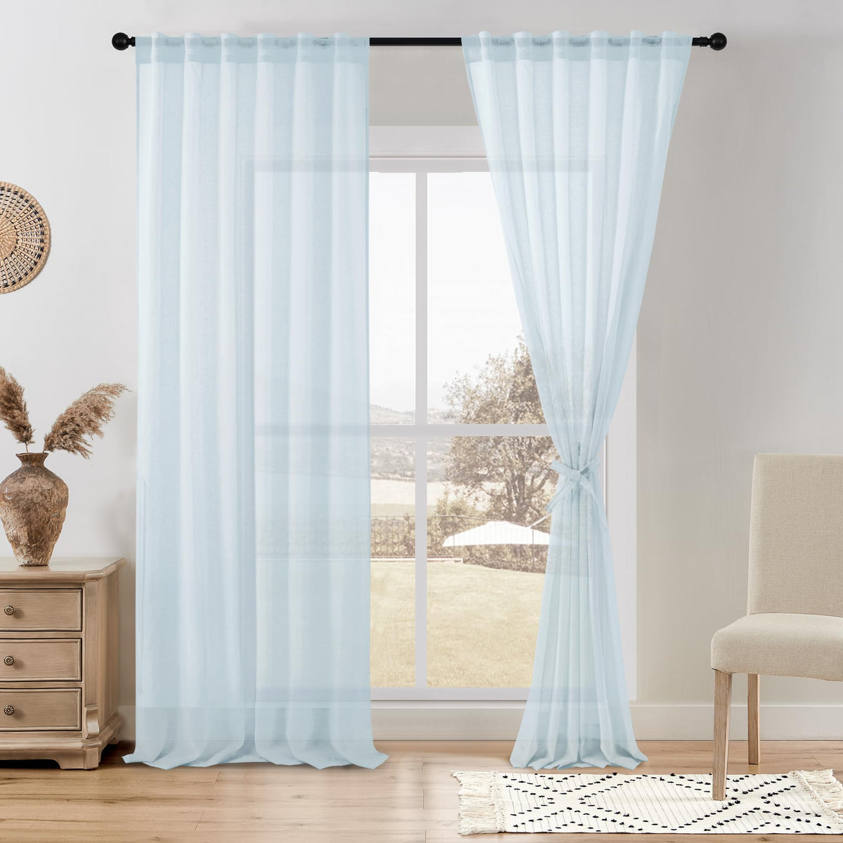 DWCN White Faux Linen Sheer Curtains, 2 Panels, 52x84 Inch | Faux Linen Textured Curtains with Rod Pocket & Back Tab, Semi Voile Light Airy Gauzy Privacy Drapes for Living Room Bedroom