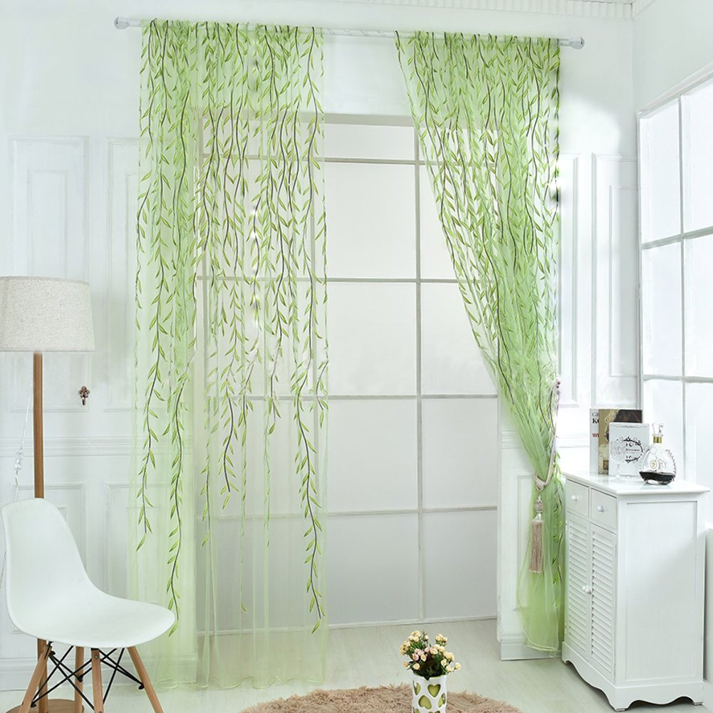 Ufurty 2pcs Willow Leaf Window Curtain Voile Tulle Vine Sheer Curtains | Room Salix Leaf Sheer Gauze Panel Drapes Green Color for Living Room, Bedroom, Balcony