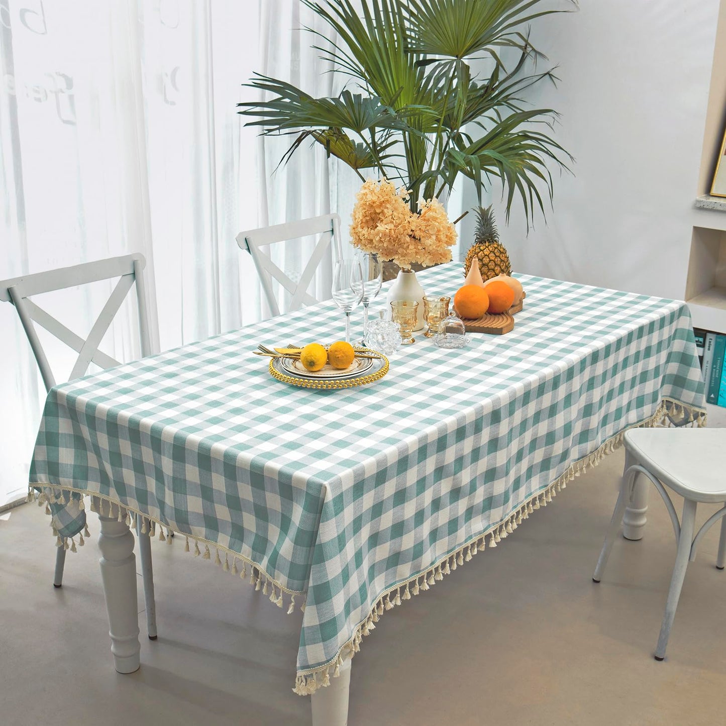 Midsummer Breeze Country Garden Green Gingham Tablecloth Rectangle 55”x84” | tassel, spring, easter, summer, picnic, outdoor, checkered, fresh, camping, Christmas, washable, wrinkle free, reusable