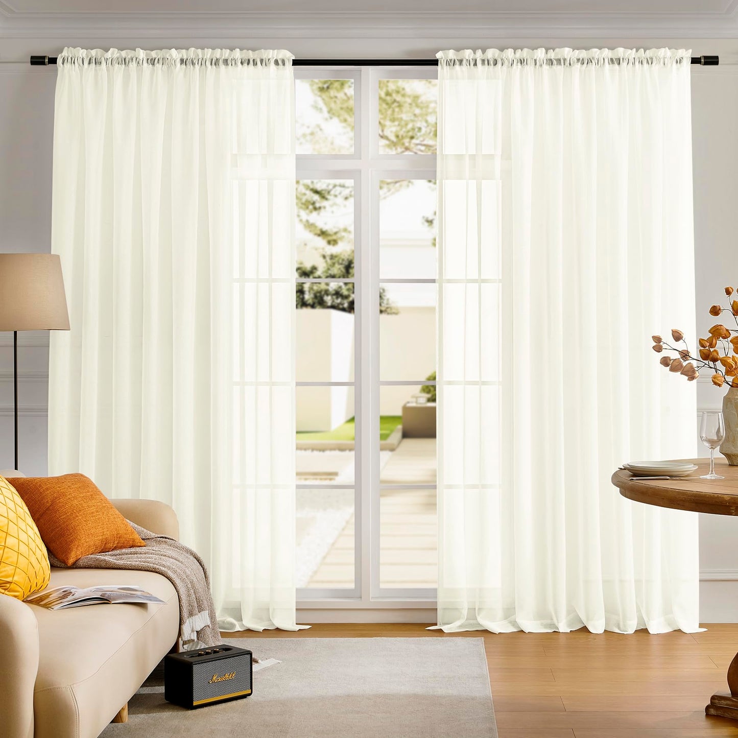 MYSTIC-HOME Sheer Curtains White 63 Inch Length, Rod Pocket Voile Drapes for Living Room, Bedroom, Window Treatments Semi Crinkle Curtain Panels for Yard, Patio, Villa, Parlor, Set of 2, 52"x 63"