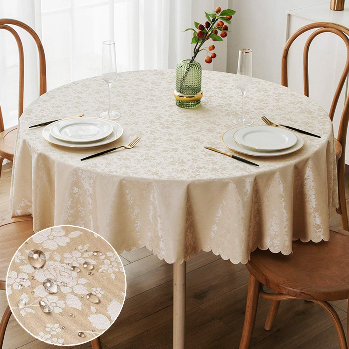 Smiry Rectangle Waterproof Heavy Duty Vinyl Tablecloths, 60 x 84 Inch | Wipeable Washable Floral Embossed Table Cover for Kitchen and Dining Room, Indoor & Outdoor Use, Beige