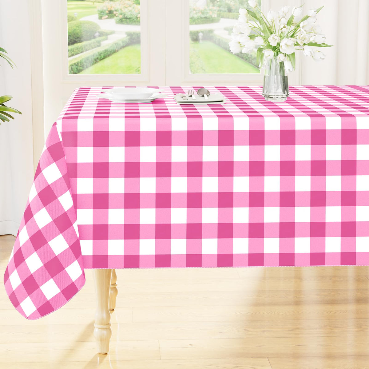 Smiry Picnic Table Cloth, Vinyl Tablecloths with Flannel Backing, 60"x84" | Waterproof Rectangle Table Cloth, Wipeable Buffalo Plaid Table Cover for Indoor and Outdoor (Khaki & White)