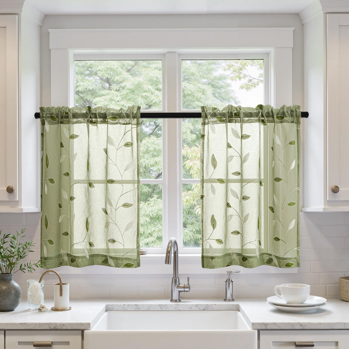 MIULEE Sage Green Sheer Curtains 2 Panels Leaf Patterned, W52 x L84 | Embroidered Floral Semi Sheer,Rod Pocket,Faux Linen,Short Window Curtains Drapes Set for Kitchen/Bathroom/Cafe