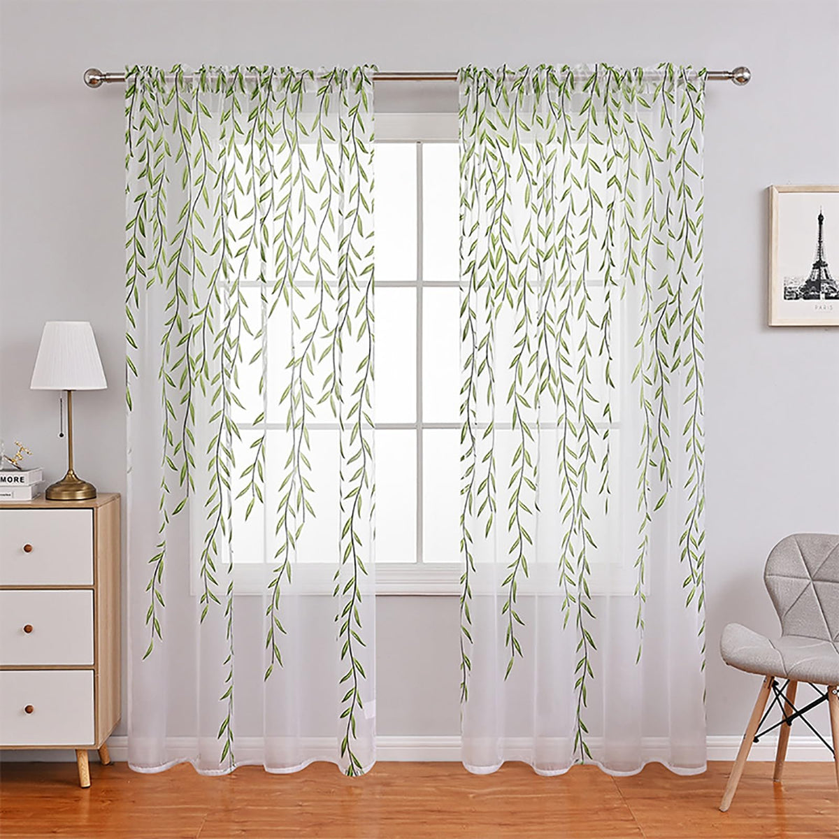 Ufurty 2pcs Willow Leaf Window Curtain Voile Tulle Vine Sheer Curtains | Room Salix Leaf Sheer Gauze Panel Drapes Green Color for Living Room, Bedroom, Balcony