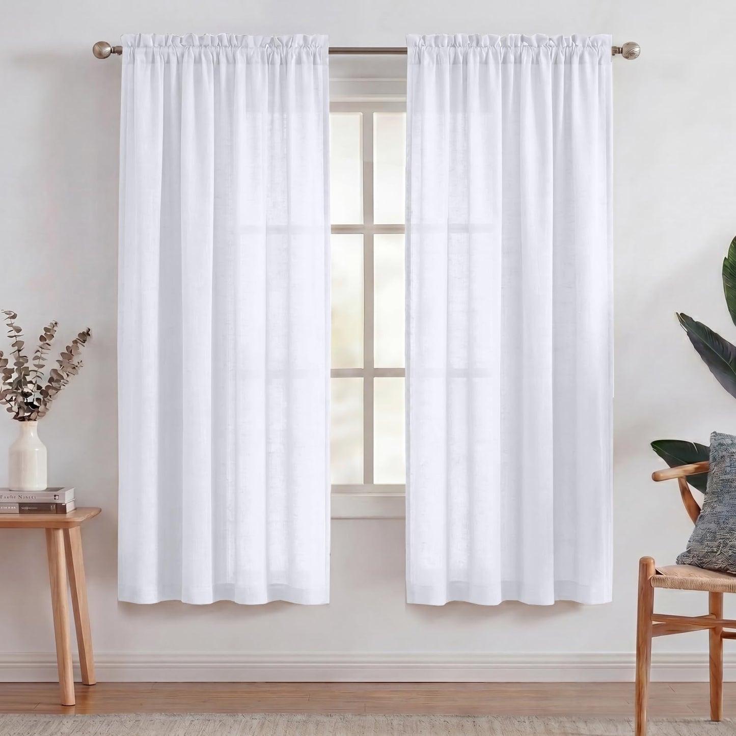 Turquoize White Linen Curtains 96 Inches Long Semi Sheer Curtains Light Filtering Linen Drapes for Living Room/Bedroom 2 Panels Set Rod Pocket Window Treatments Panels,W52 x L96, White