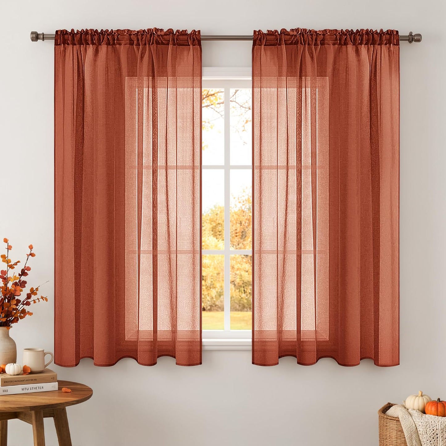 MIULEE Semi White Linen Textured Sheer Curtains 42W×84L Rod Pocket 2 Panels | Semi Transparent, Farmhouse, Window Net Panels with Rod Pocket for Bedroom Living Room