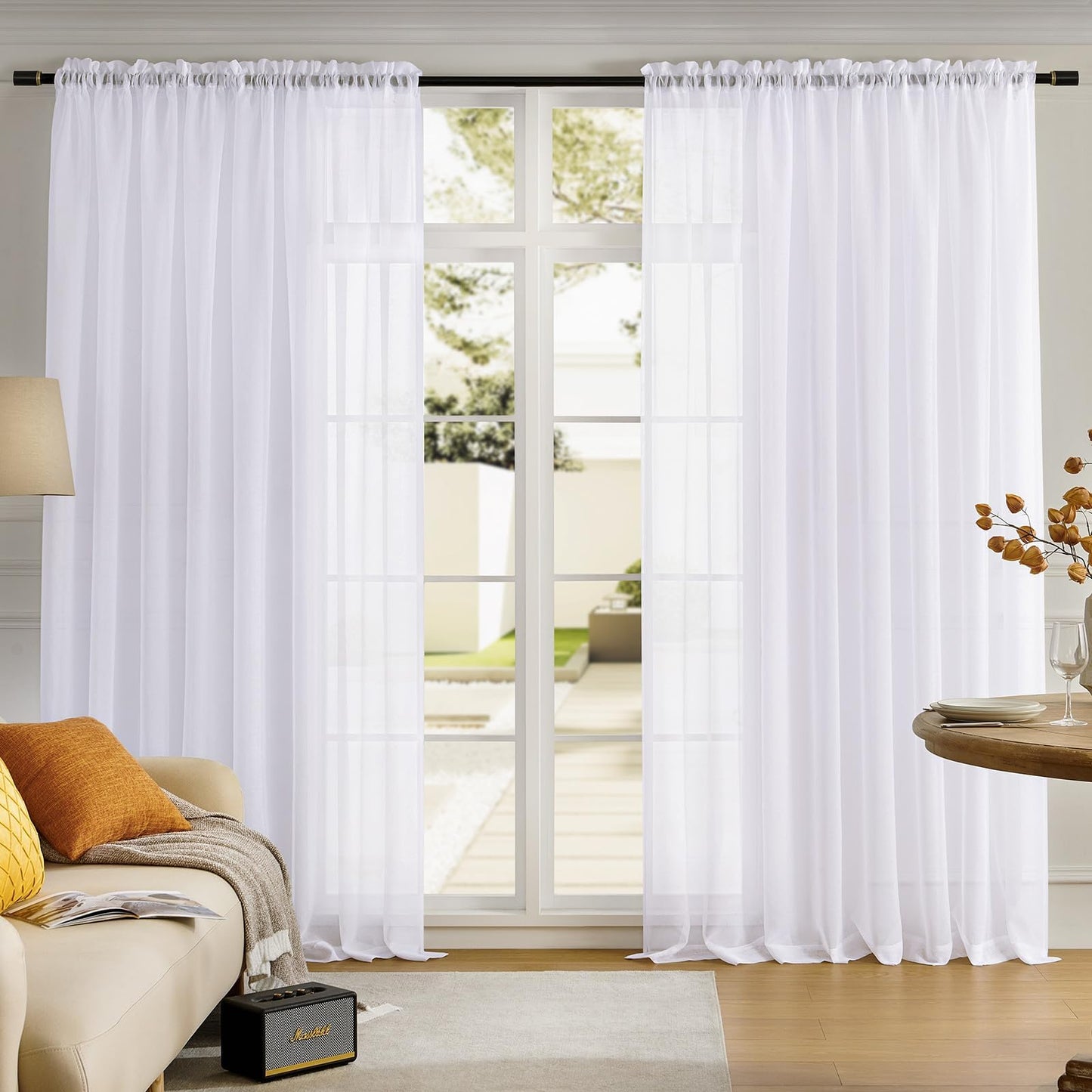 MYSTIC-HOME Sheer Curtains White 63 Inch Length, Rod Pocket Voile Drapes for Living Room, Bedroom, Window Treatments Semi Crinkle Curtain Panels for Yard, Patio, Villa, Parlor, Set of 2, 52"x 63"
