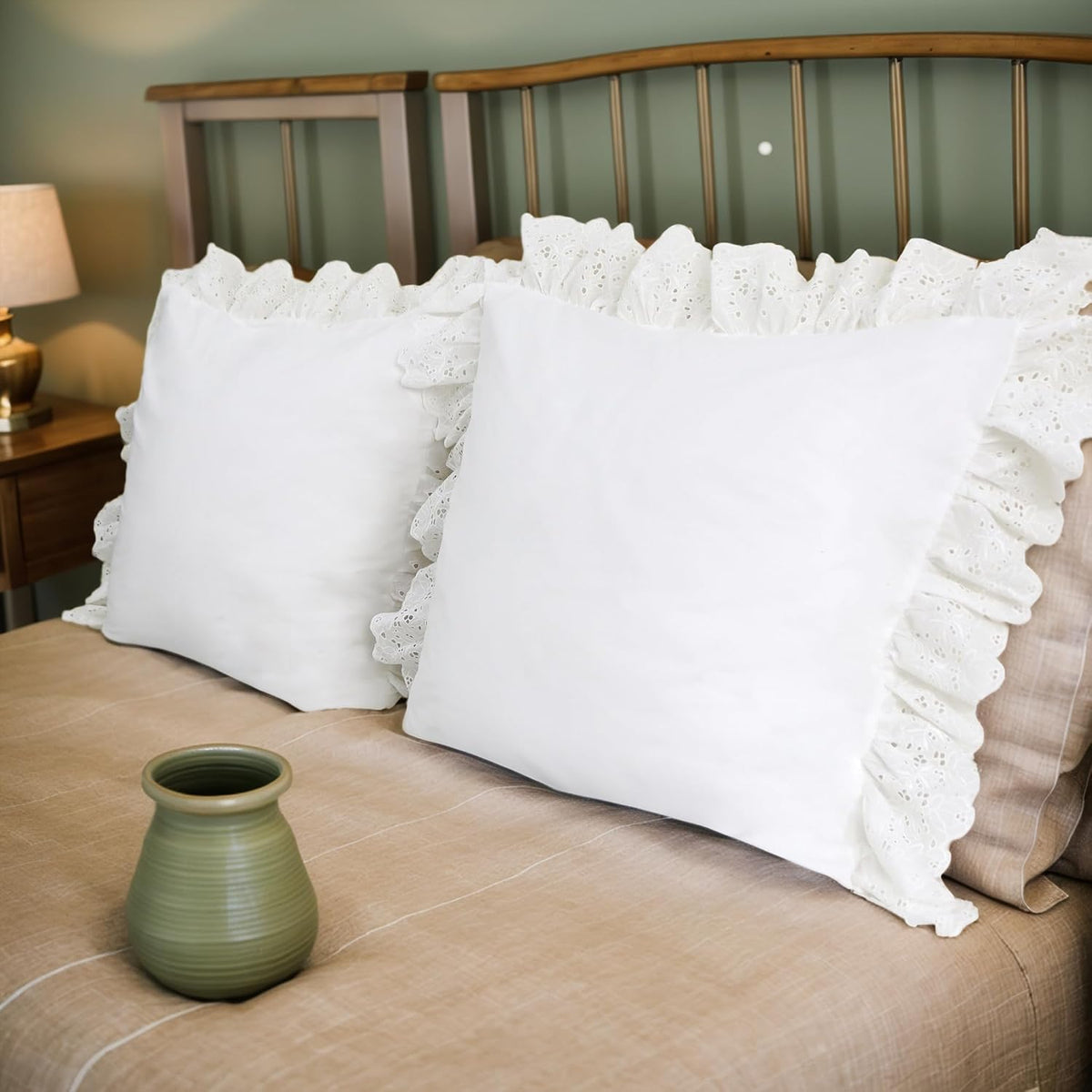 Lemfux Cotton Euro Shams with White Lace Ruffles, 26 x26 Inch, Set of 2,Rustic Farmhouse Lace Shabby Soft Breathable Bridal Pure White European, White Decorative Pillow Covers