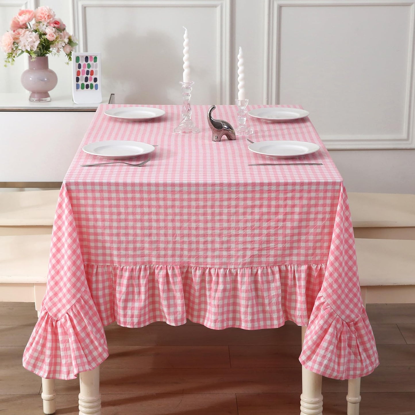 Blush White Gingham Ruffled Table Cloth Rectangular 120“x60” | 100% Washed Cotton, for Seat 8-10, Buffet Picnic Baby Shower Party Tablecloth, Decorative Checker Plaid Farmhouse Table Cover