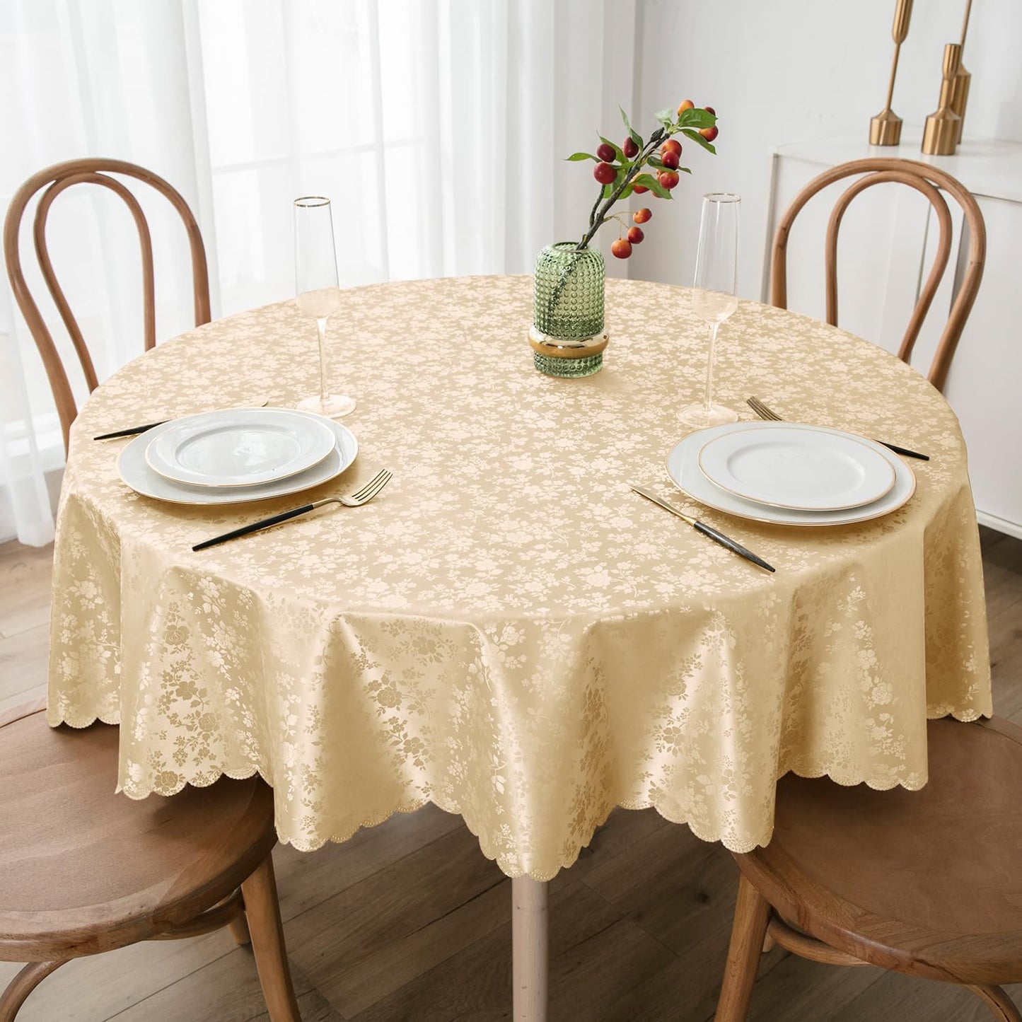 Smiry Rectangle Waterproof Heavy Duty Vinyl Tablecloths, 60 x 84 Inch | Wipeable Washable Floral Embossed Table Cover for Kitchen and Dining Room, Indoor & Outdoor Use, Beige