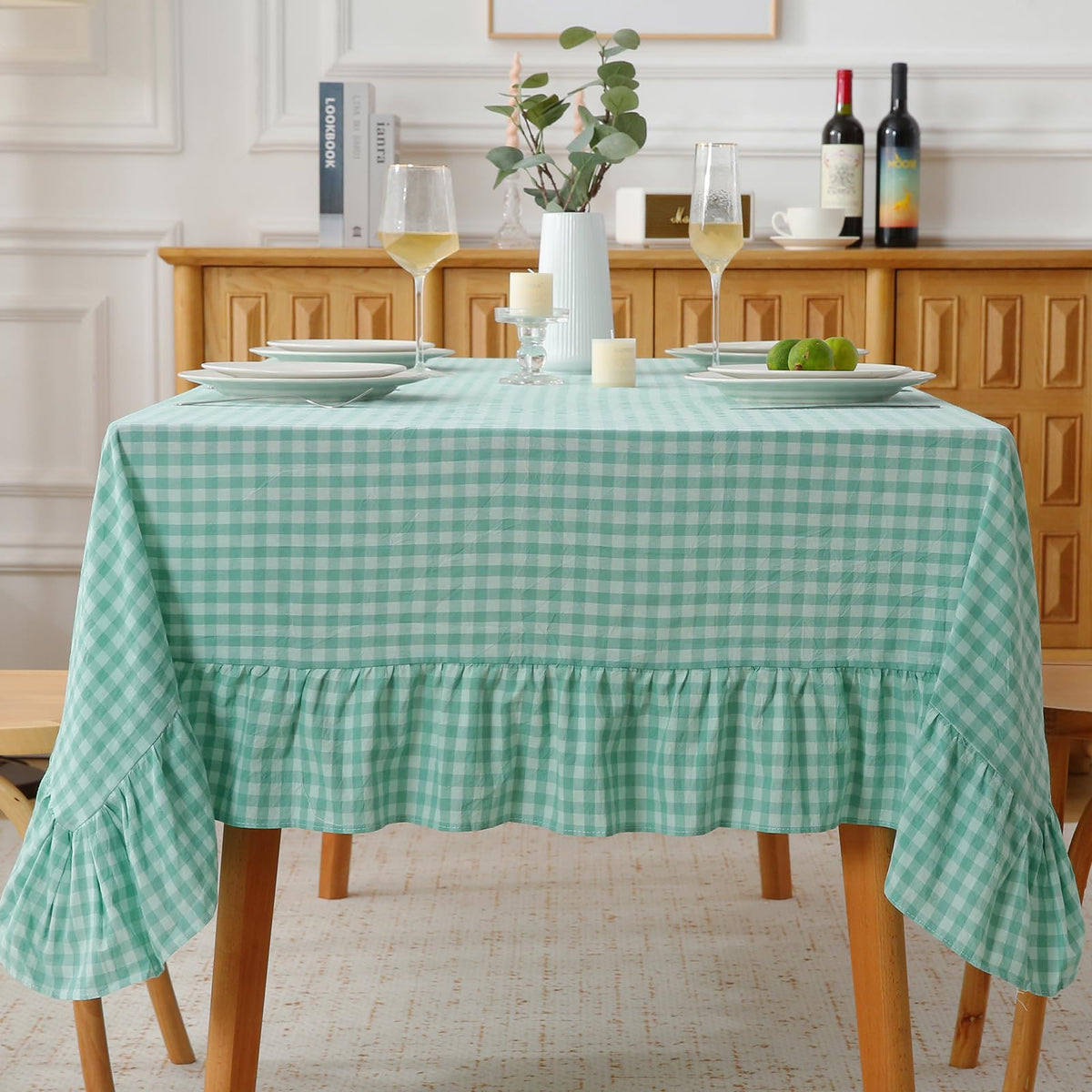 Blush White Gingham Ruffled Table Cloth Rectangular 120“x60” | 100% Washed Cotton, for Seat 8-10, Buffet Picnic Baby Shower Party Tablecloth, Decorative Checker Plaid Farmhouse Table Cover