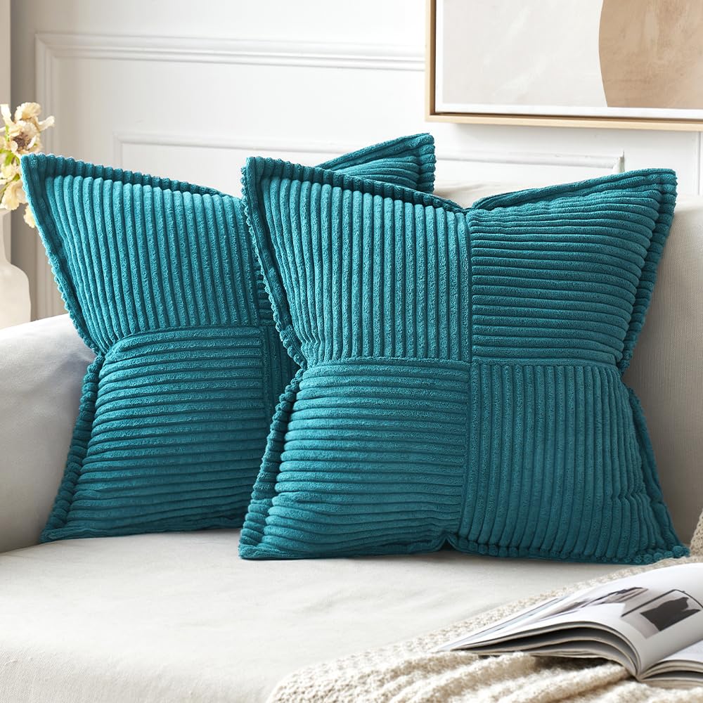 MIULEE Decorative Throw Pillow Covers for Couch 18x18 Inch Beige 2 Pack | Boho Broadside Striped Patchwork Pillow Covers, Soft Corduroy Cushion Cases, For Sofa Bed Livingroom Home Decor