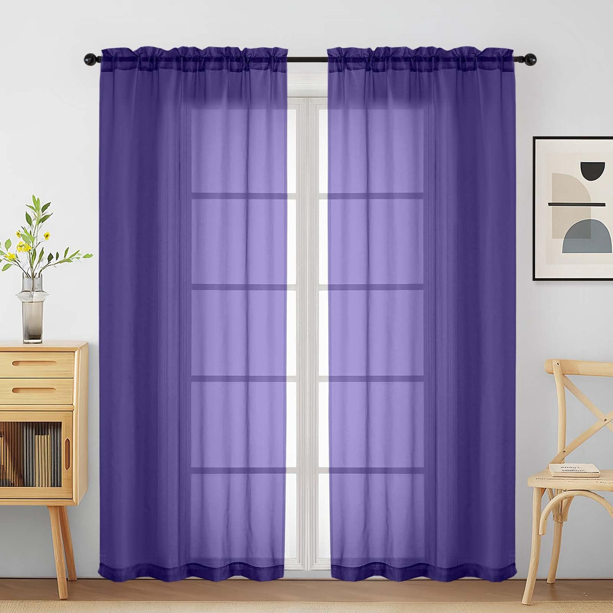 Purple Window Sheer Curtains 54 inch Length, Soft Airy Light Filtering Sheer Curtain 2 Panels Set, Dual Rod Pocket Gauze Purple Drapes for Living Room Bedroom, 2x42Wx54L Inches