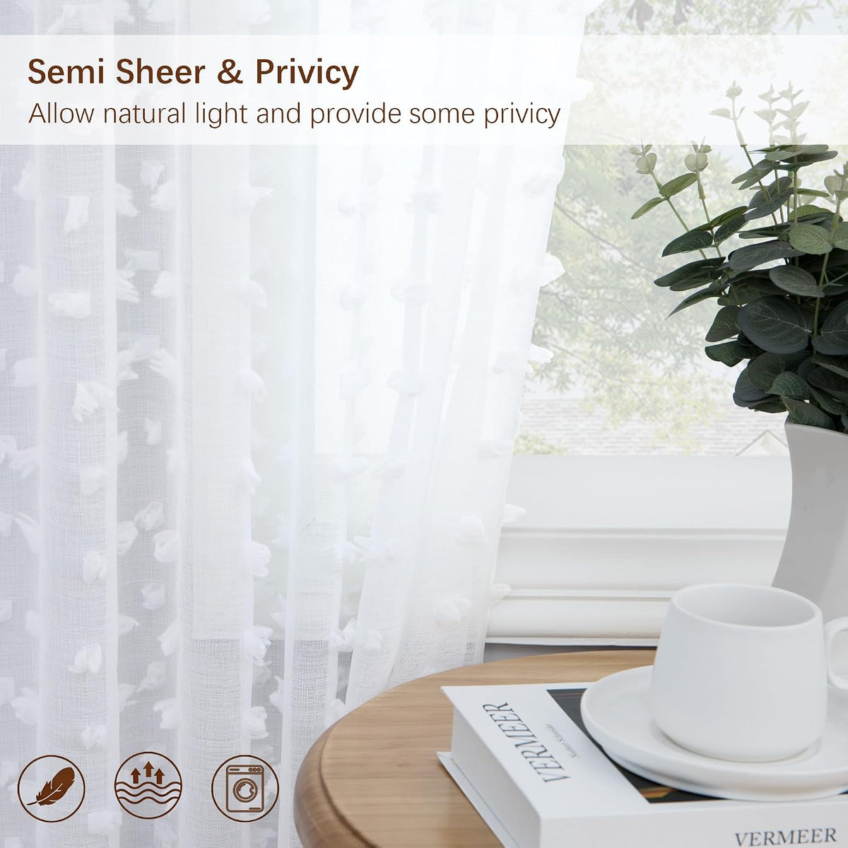 White Sheer Curtains 84 Inches Long for Living Room Bedroom Farmhouse White Pom Pom Curtains 2 Panels Back Tab Shabby Chic Boho Curtain Semi Sheer Nursery Kids Aesthetic Ruffle Drape 52x84 Length