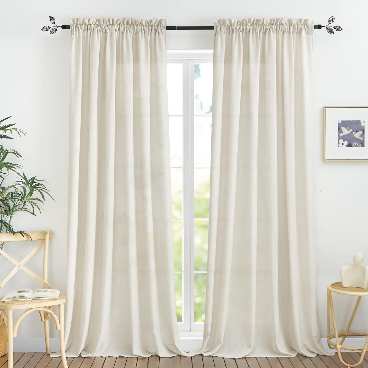 RYB HOME White Semi Sheer Curtains 84 inches Long for Living Room | Half Privacy, Linen Textured, Sheer Light Filtering, Vertical Window Drapes, for Bedroom Dining, White, W52 x L84, 2 Panels