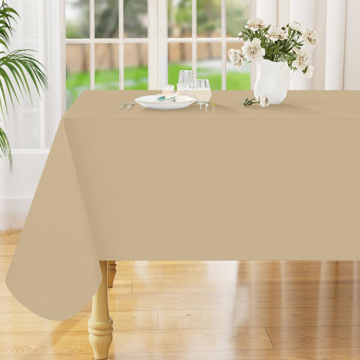 Smiry Rectangle Table Cloth 60x84 Inch, Waterproof Wipeable Vinyl Tablecloths Protector, Oil Spill Proof Plastic Table Cover for Dining, Picnic, Camping, Outdoor, Beige