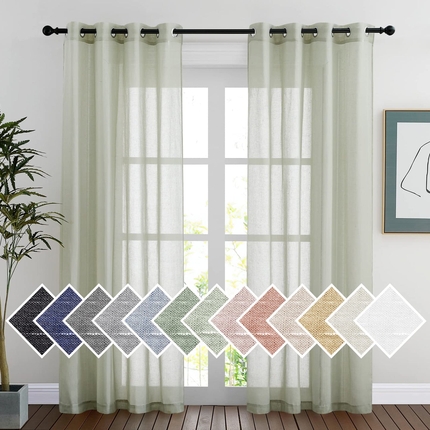 NICETOWN White Sheer Linen Curtains for Living Room 84 inch Length 2 Panels Set, Grommet Semi Sheer Privacy with Light Filtering Flax Window Treatments for Bedroom, W52 x L84