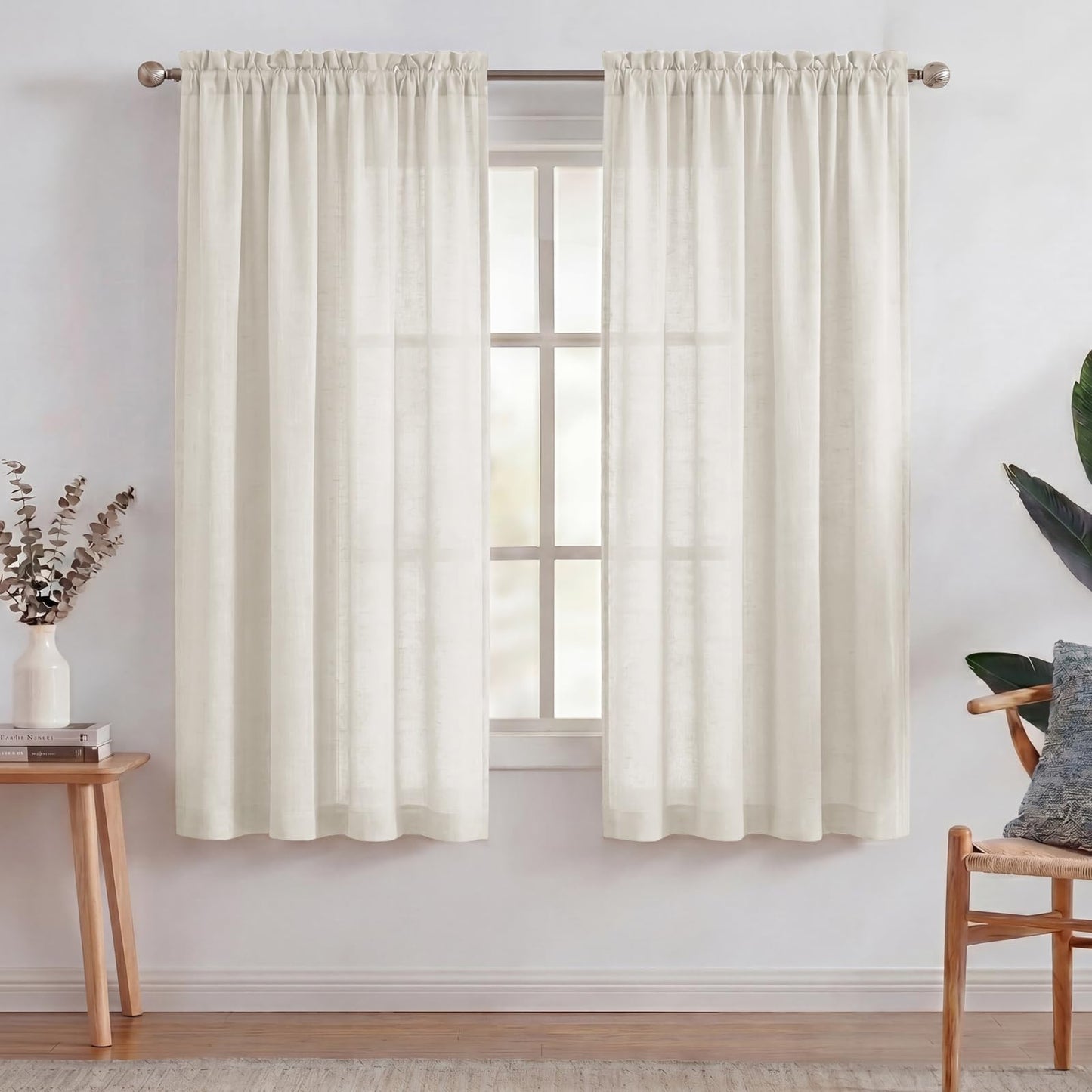 Turquoize White Linen Curtains 96 Inches Long Semi Sheer Curtains Light Filtering Linen Drapes for Living Room/Bedroom 2 Panels Set Rod Pocket Window Treatments Panels,W52 x L96, White
