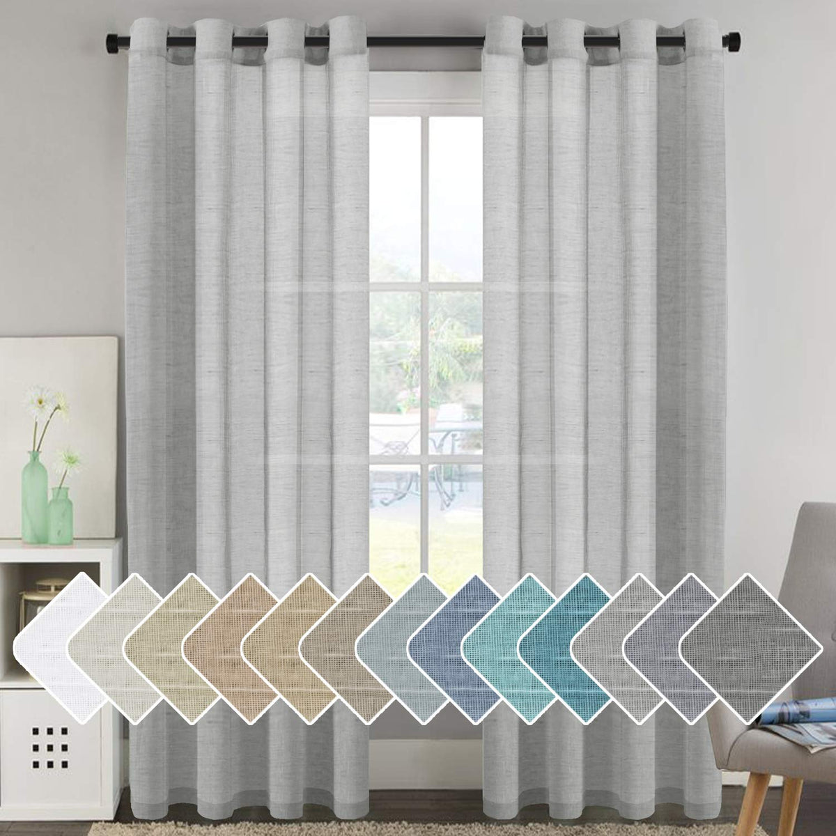 H.VERSAILTEX Natural Linen Sheer Curtains Flax Linen Blended Curtain Panels Living Room, Nickel Grommet Semitransparent Semi-Sheer Soft Privacy Drapes, Natural, 84 inches Long 2 Panels